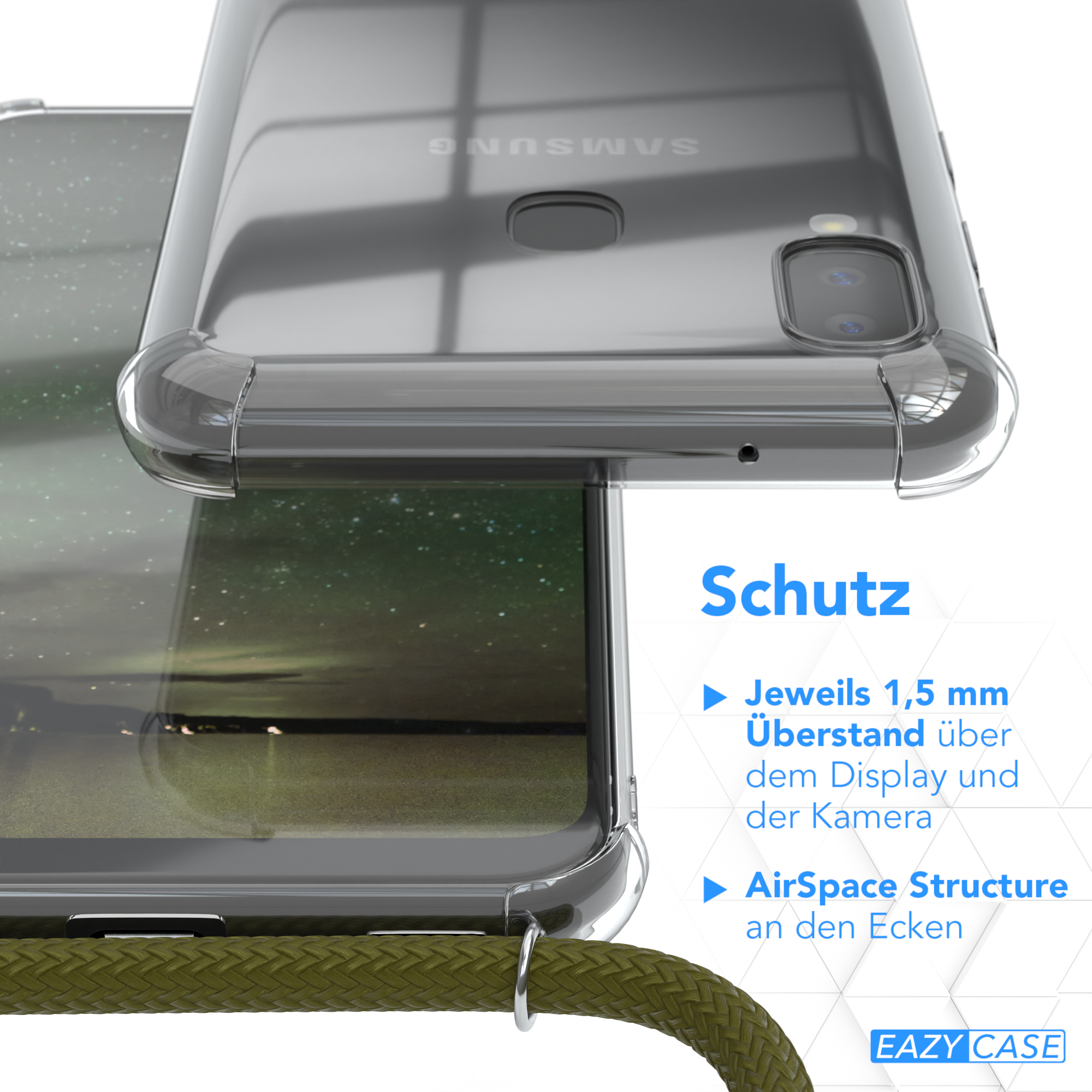 EAZY CASE Samsung, Cover Umhängeband, Umhängetasche, mit Galaxy Olive Grün Clear A20e