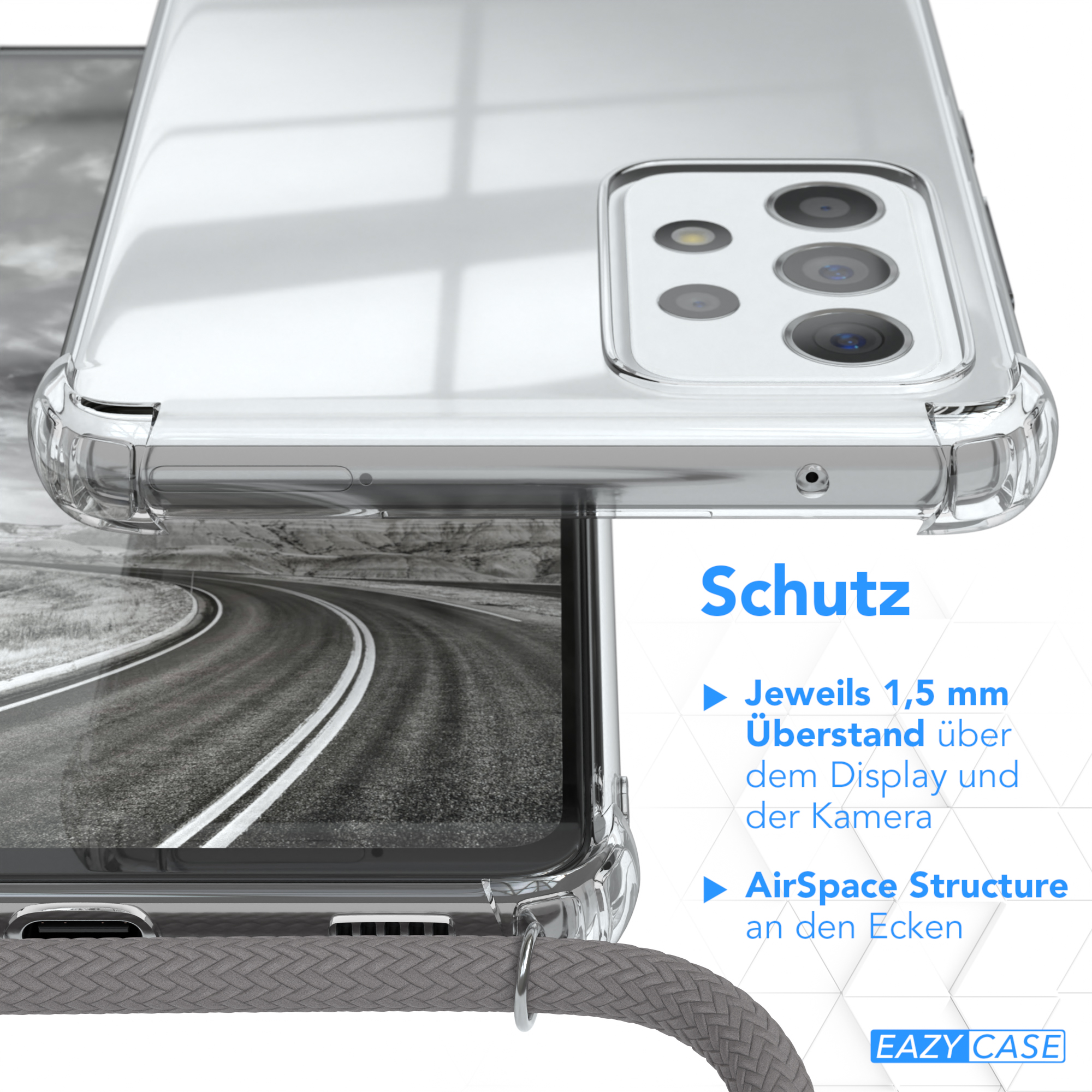 EAZY CASE Clear / Umhängeband, Galaxy Umhängetasche, A72 A72 Samsung, Cover Clips 5G, Silber mit Grau 