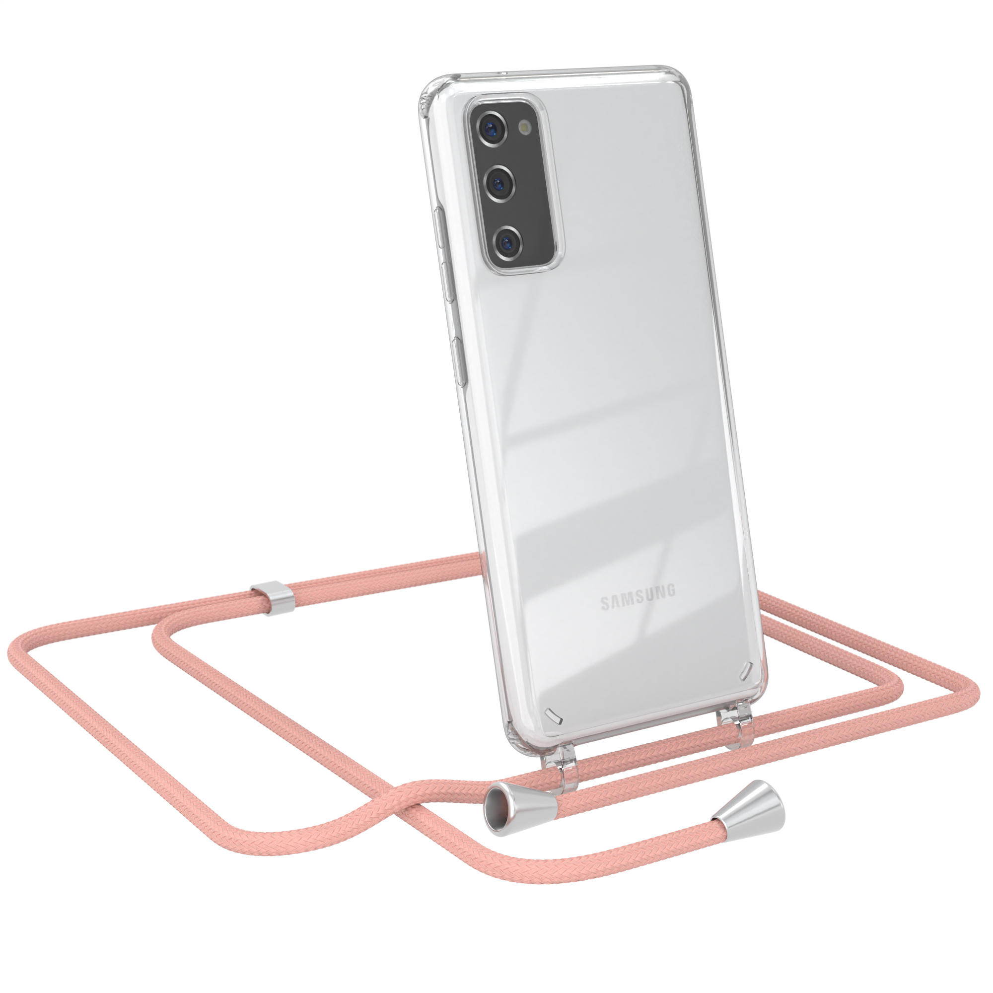 Weißes Telefon mit klarer Hülle und rosa Band. Weißer Hintergrund.