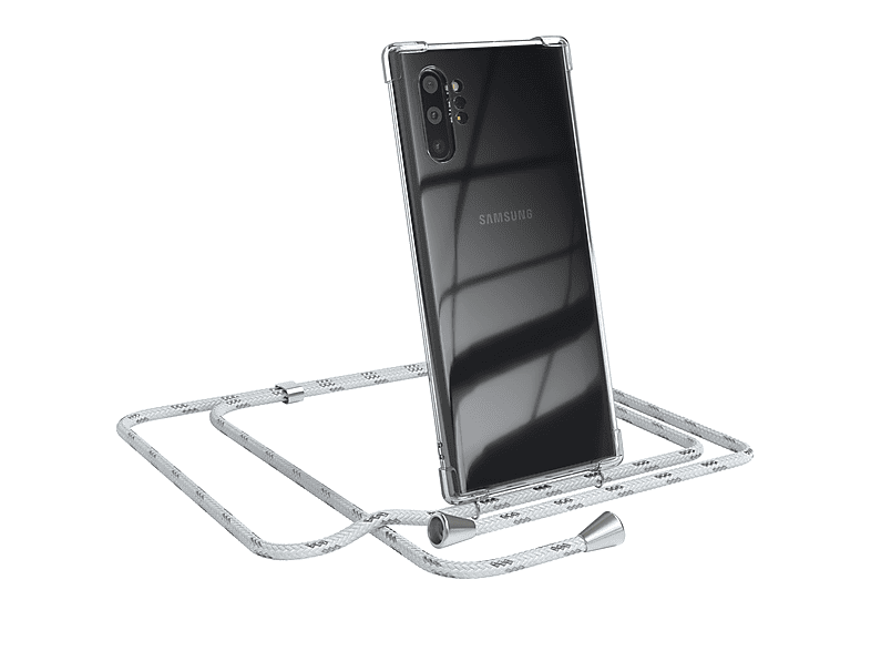 EAZY CASE Clear Cover mit Umhängeband, Umhängetasche, Samsung, Galaxy Note 10 Plus, Weiß / Clips Silber