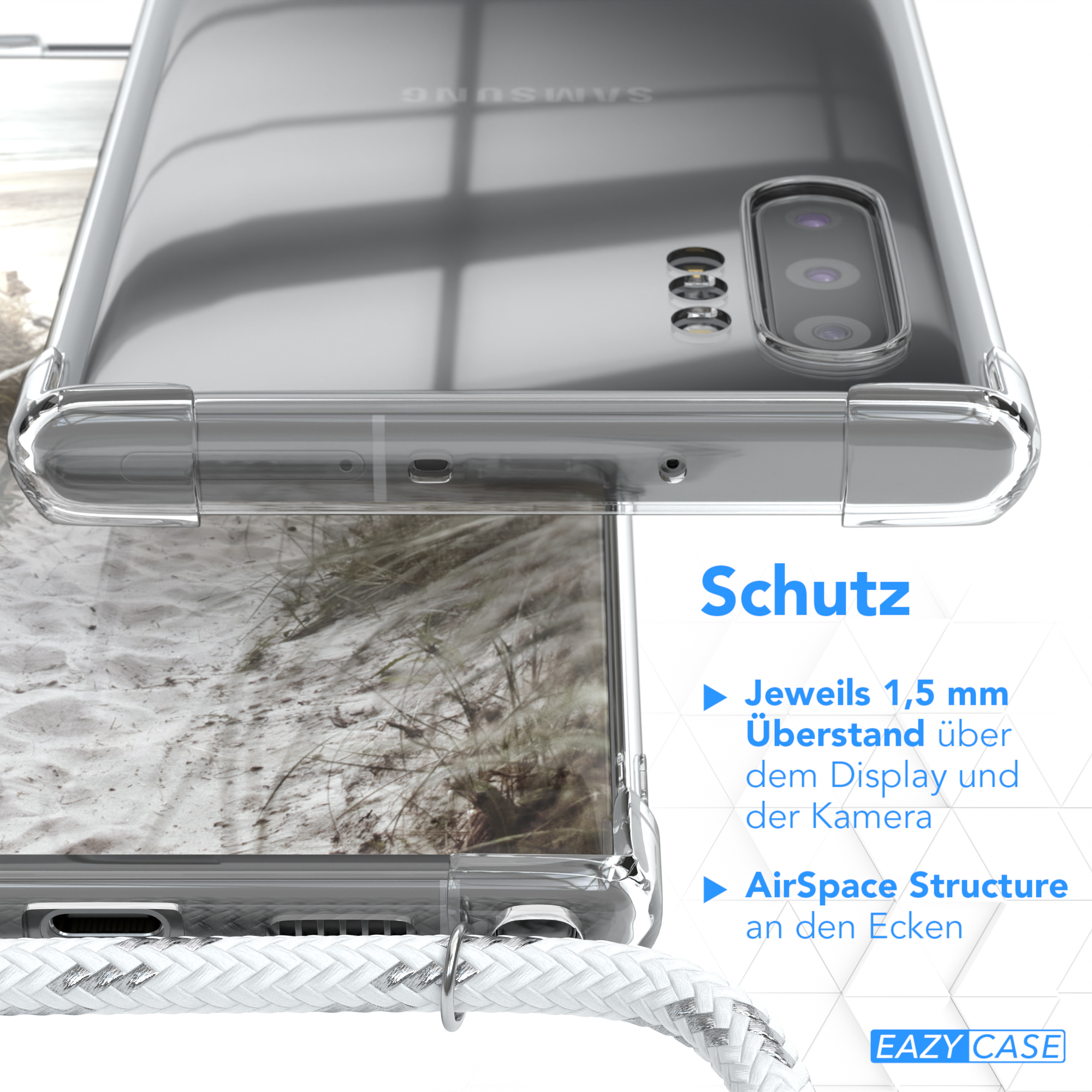 Nahaufnahme der Handyhülle. Zeigt Schutzfunktionen. Der Hintergrund ist ein Sandstrand.