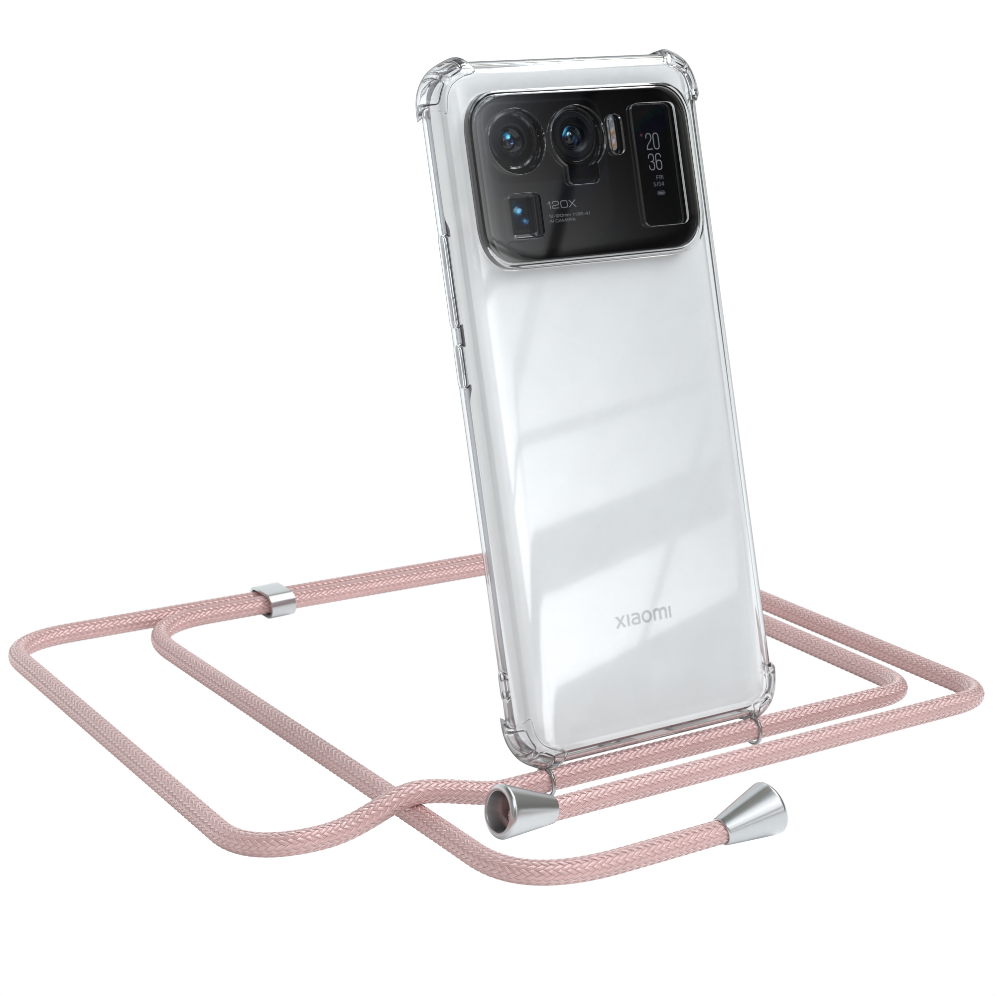 Klare Handyhülle mit rosa Kordel. Telefon ist abgewinkelt. Weißer Hintergrund.