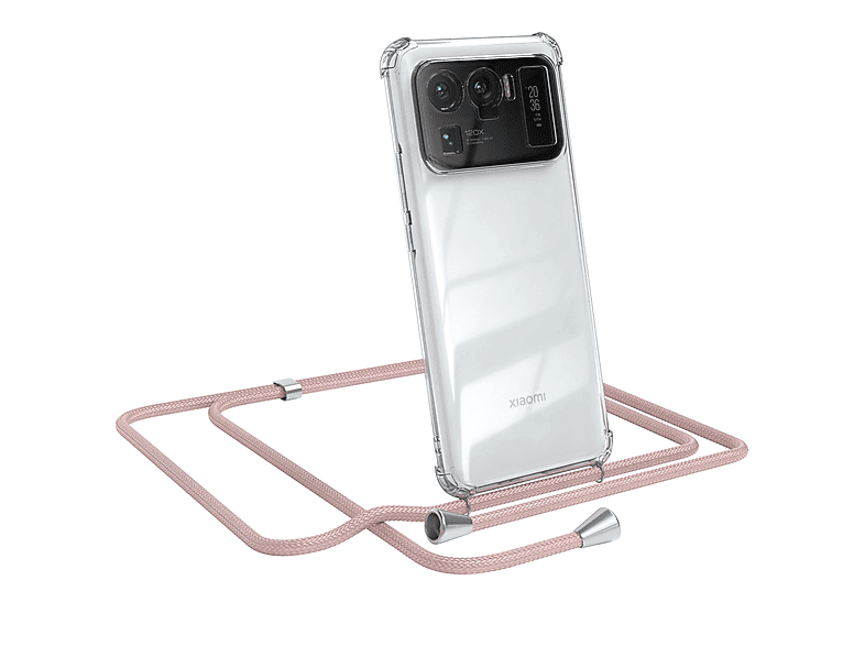 EAZY CASE Clear Cover mit Umhängeband, Umhängetasche, Xiaomi, Mi 11 Ultra, Rosé / Clips Silber