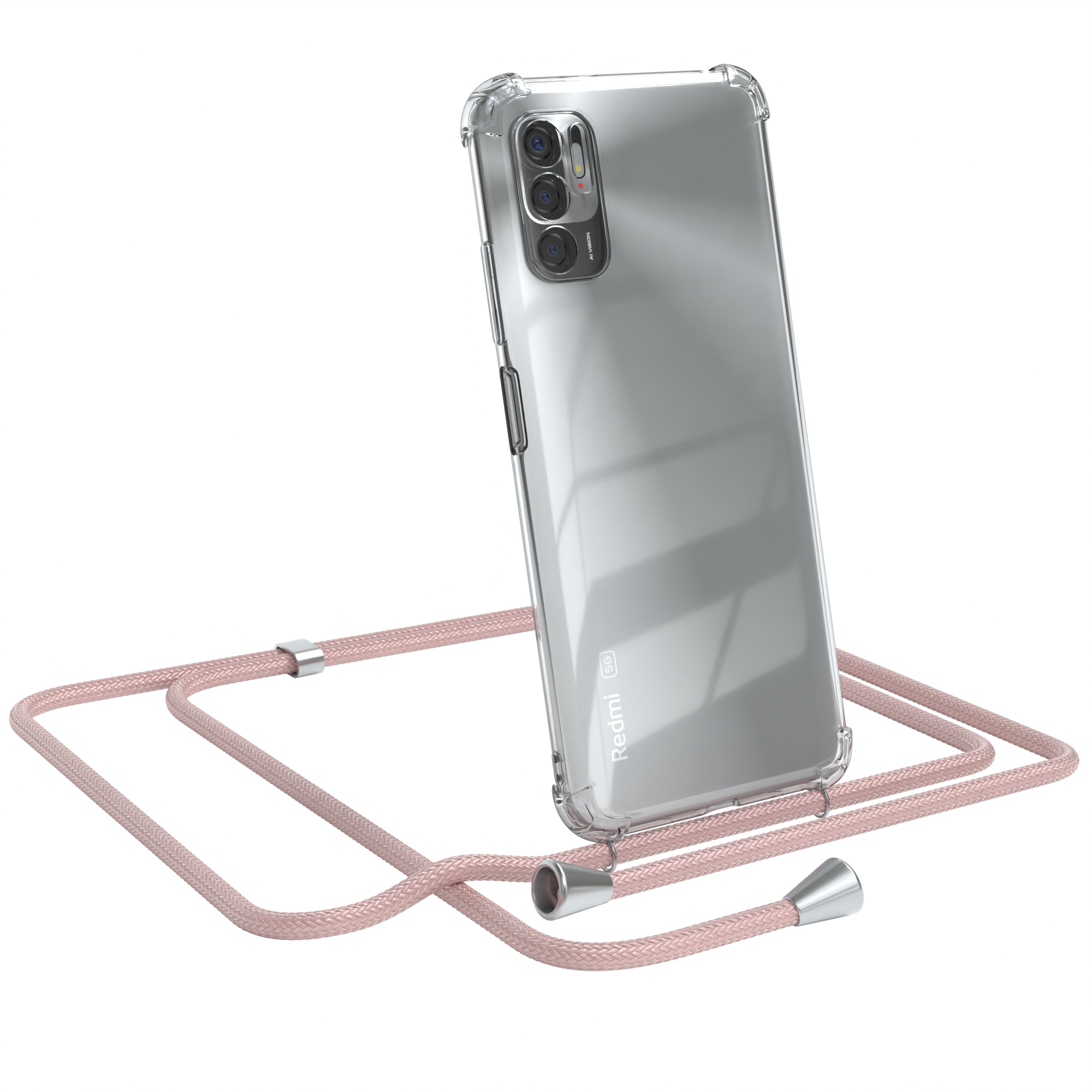 Redmi-Telefon mit klarer Hülle und rosa Seil. Die Hülle ist transparent und zeigt die Rückseite.