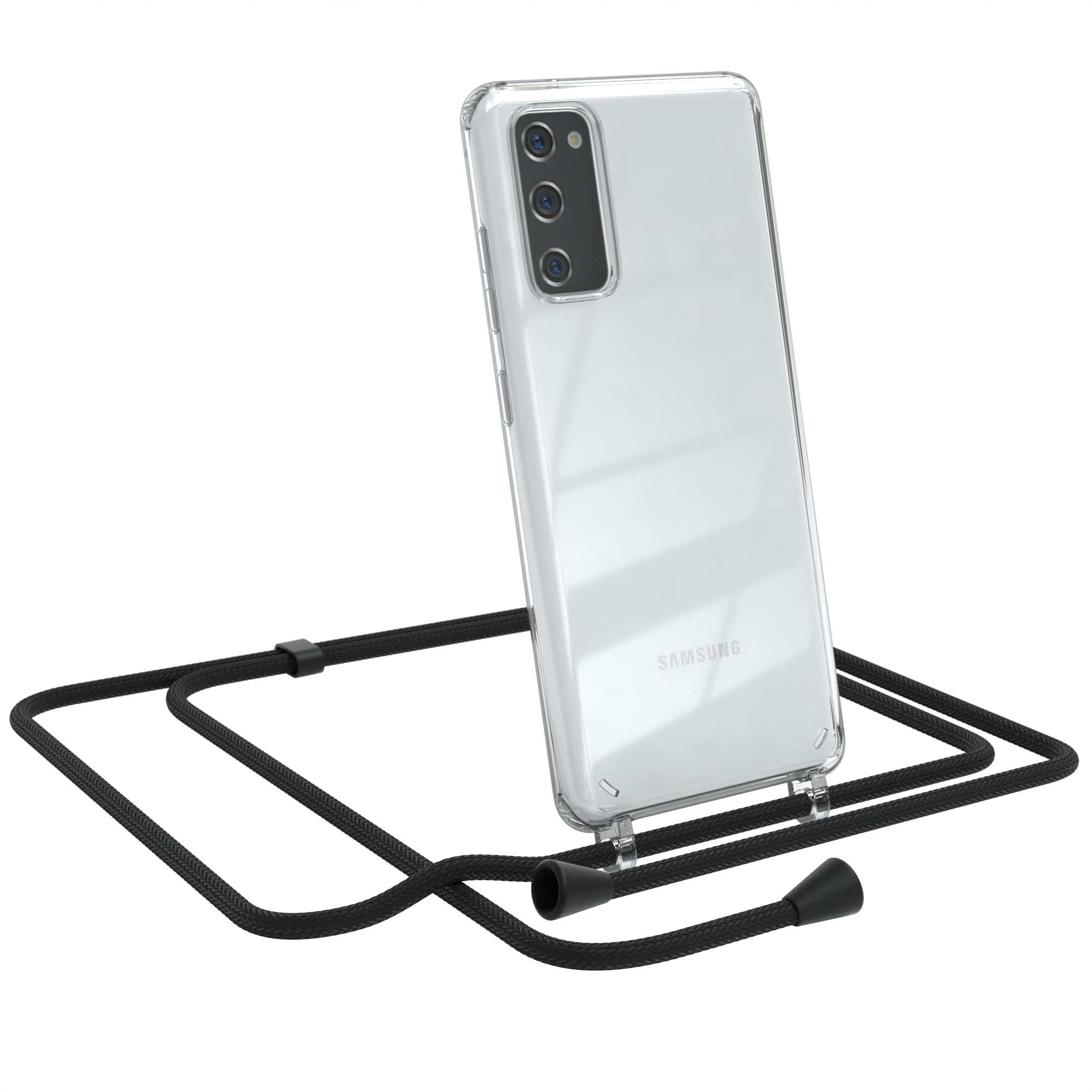 Transparente Handyhülle mit schwarzem Seilband. Samsung-Telefon sichtbar. Schwarze Verbinder.