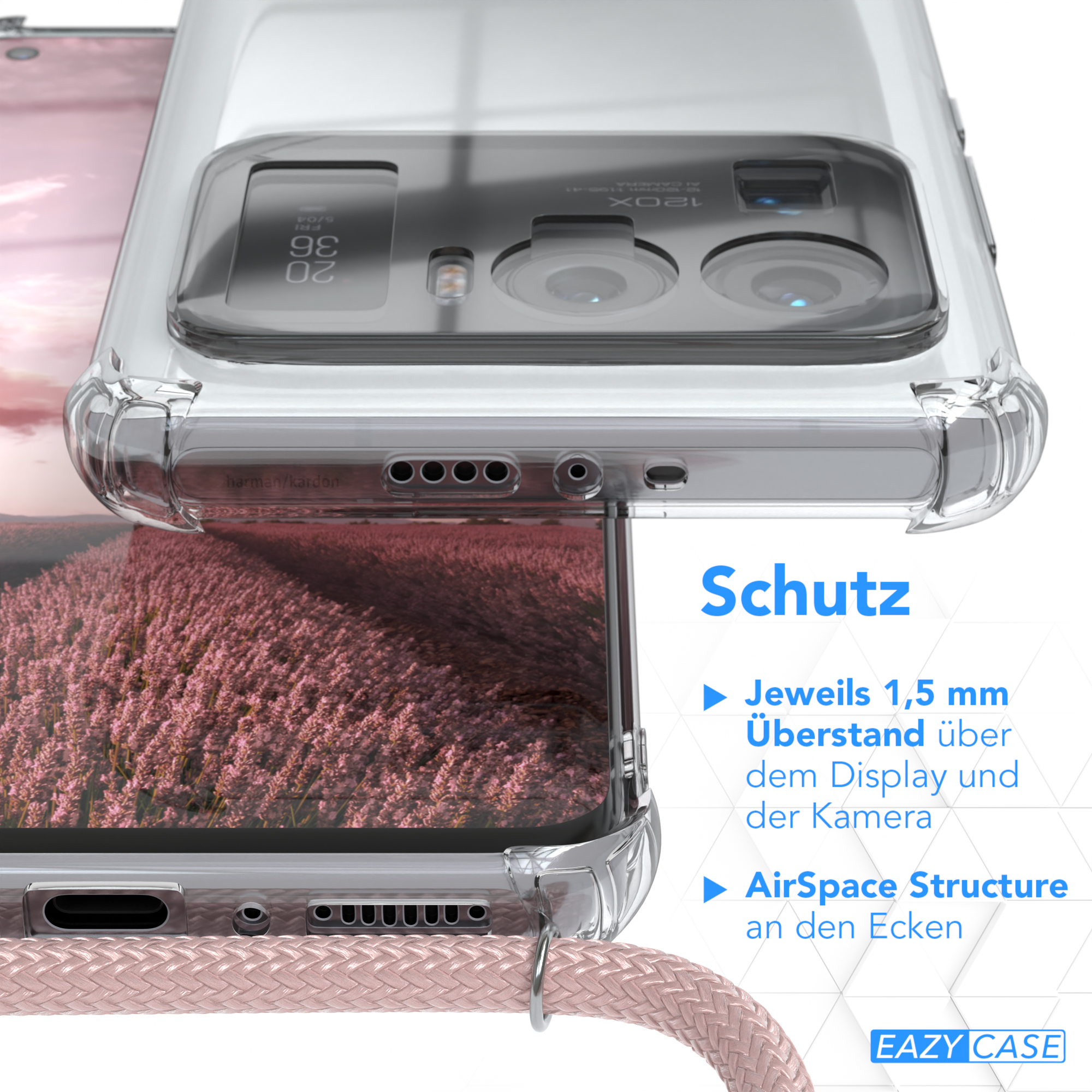 Transparente Handyhülle schützt Smartphone, Nahaufnahme.