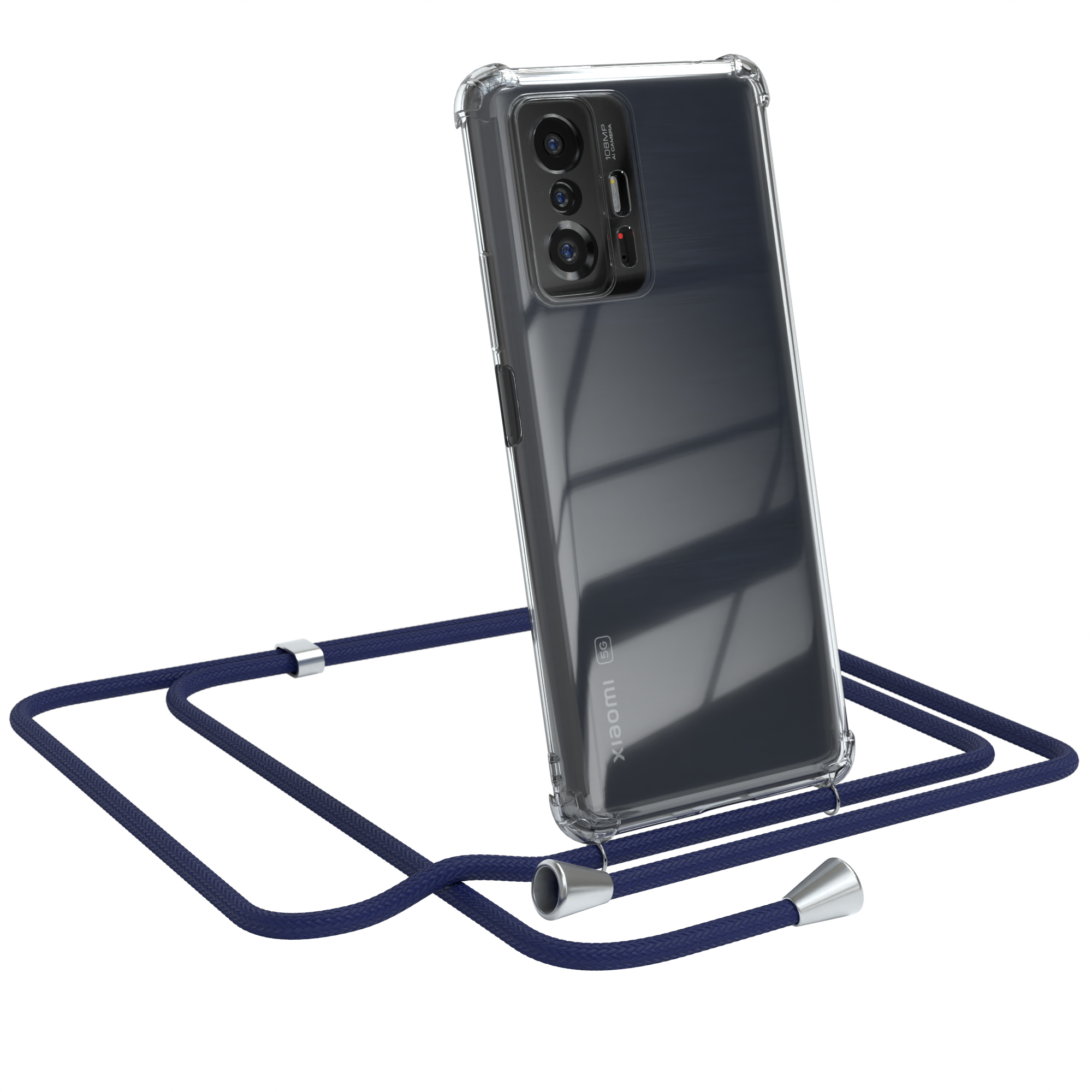Ein Xiaomi-Telefon in einer transparenten Hülle mit blauem Riemen. Weißer Hintergrund.