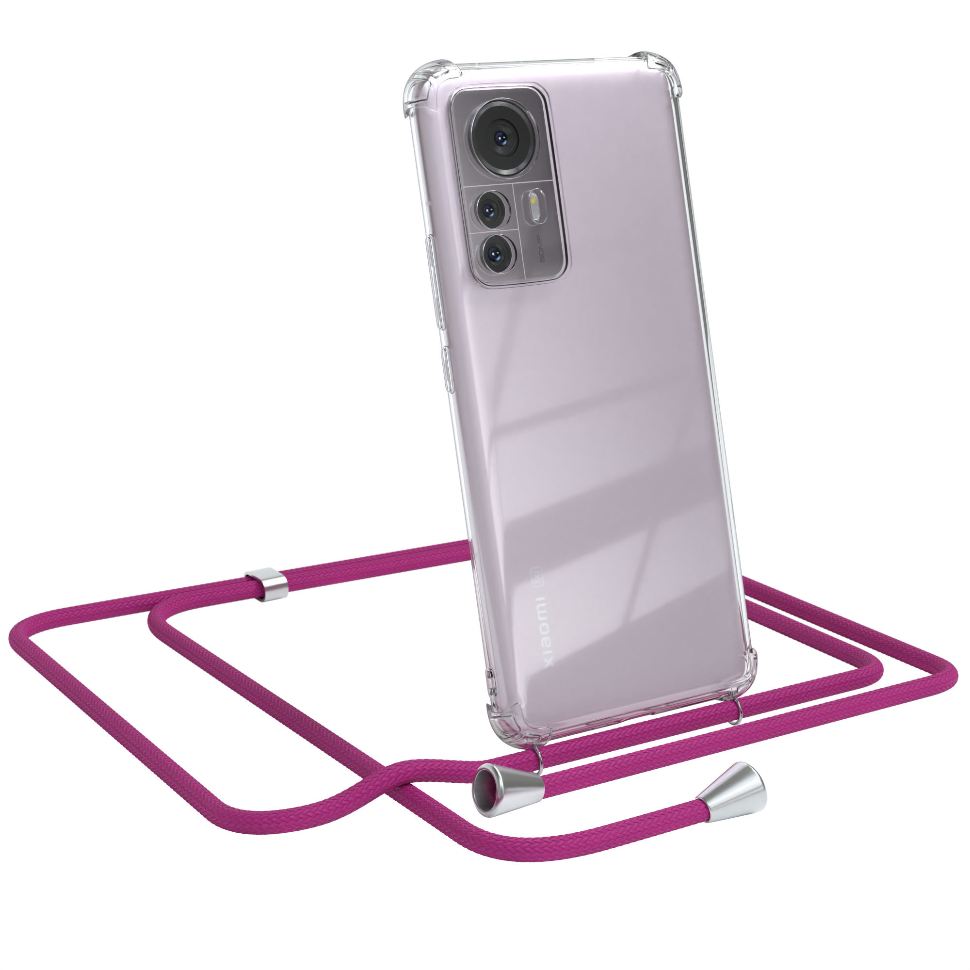 Xiaomi-Handy in transparenter Hülle mit pinkfarbenem Umhängeband. Weißer Hintergrund.