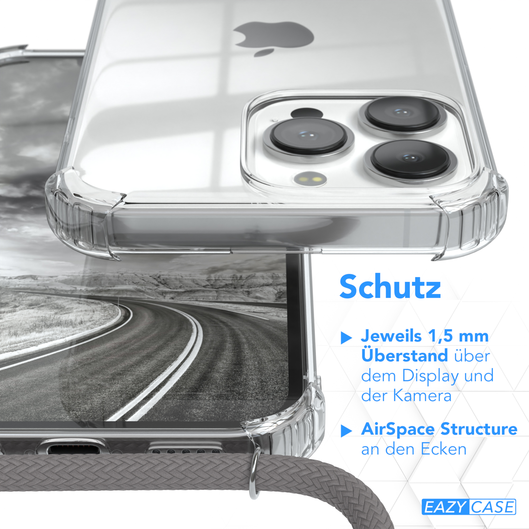EAZY CASE Clear Cover Grau Pro, Clips Silber Umhängetasche, mit / Umhängeband, 13 Apple, iPhone