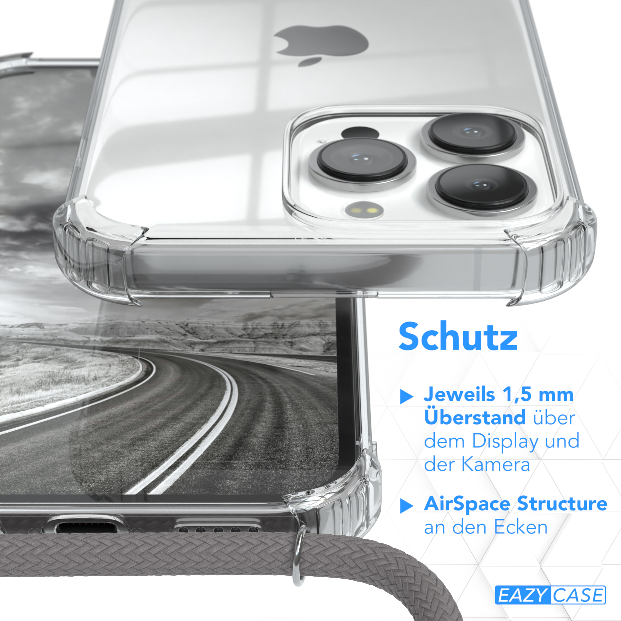 Detail einer transparenten Handyhülle. Text: Schutz. Merkmale: 1,5 mm Schutz für Display und Kamera, AirSpace.
