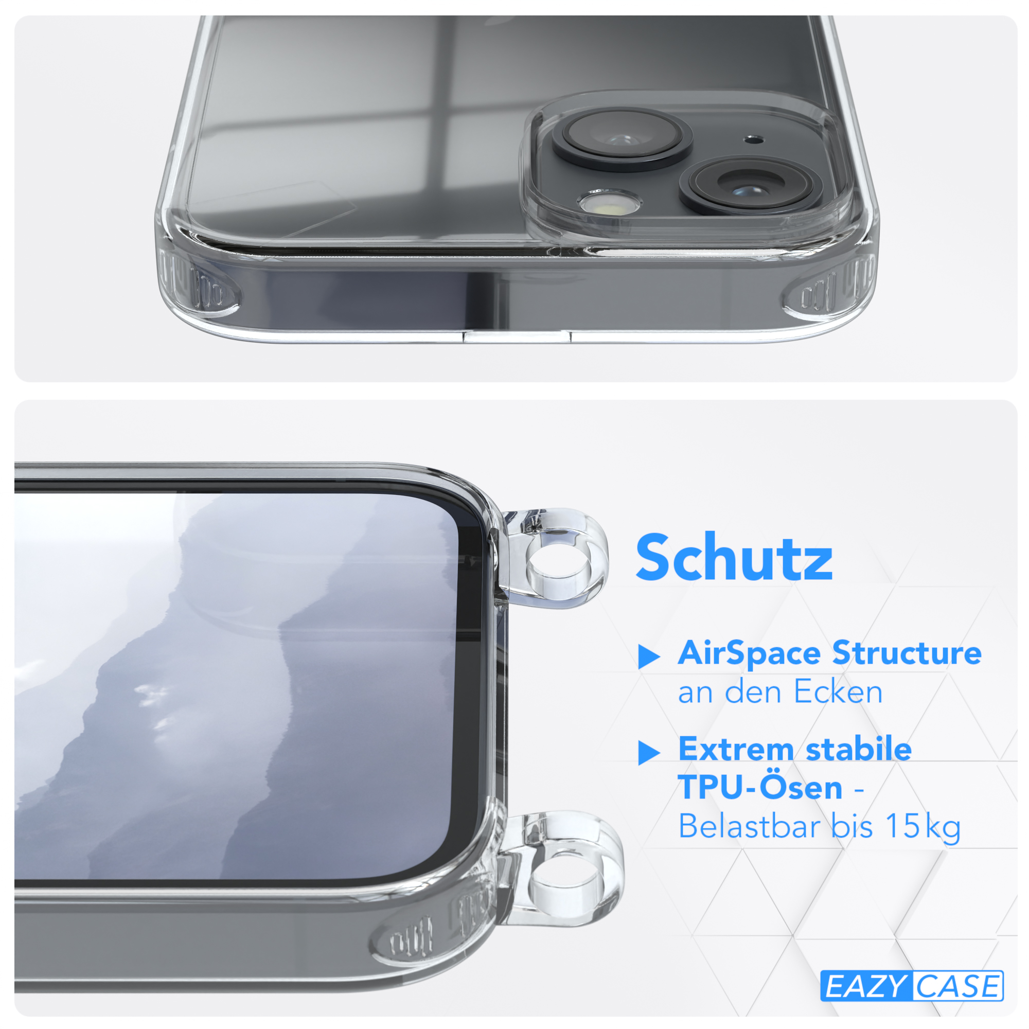 Nahaufnahme einer transparenten Handyhülle, zeigt AirSpace Structure und TPU-Ösen für 15kg.