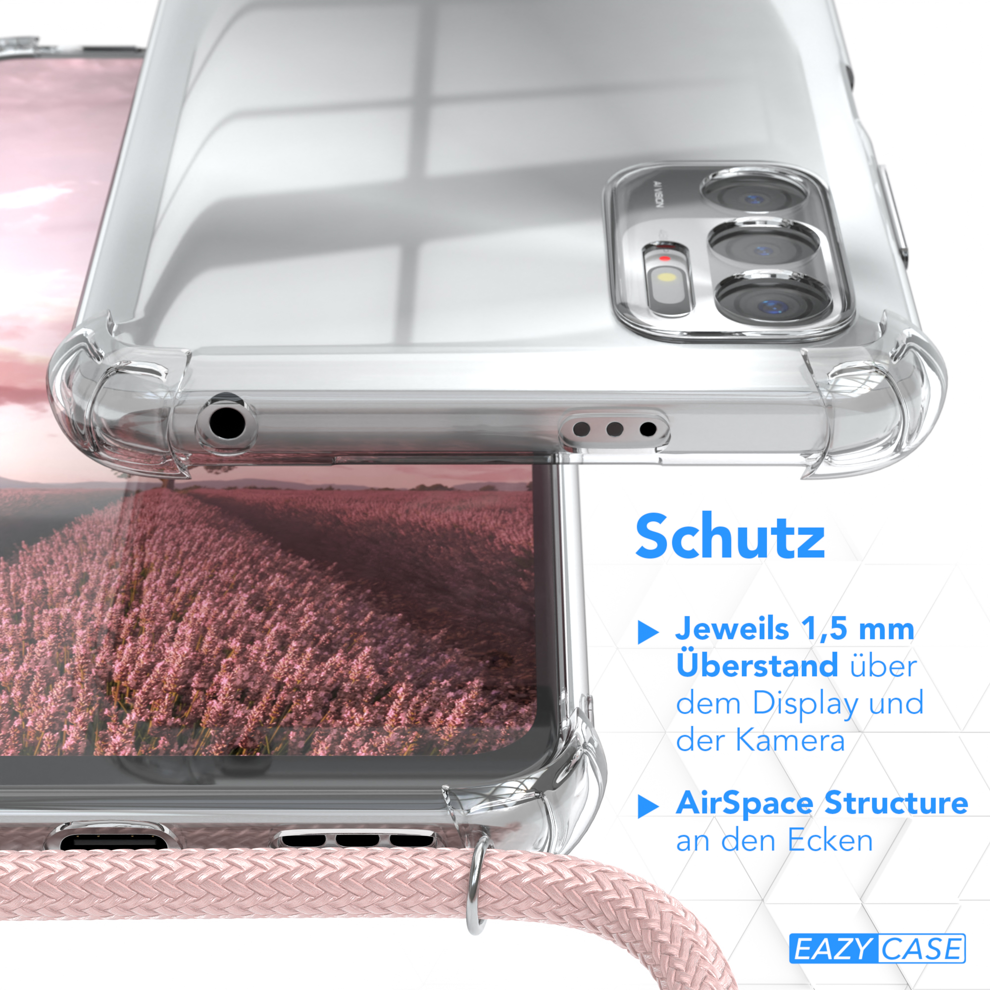 Umhängeband, Xiaomi, Clips CASE / Clear Note Umhängetasche, 5G, Redmi 10 mit Rosé Cover EAZY Silber