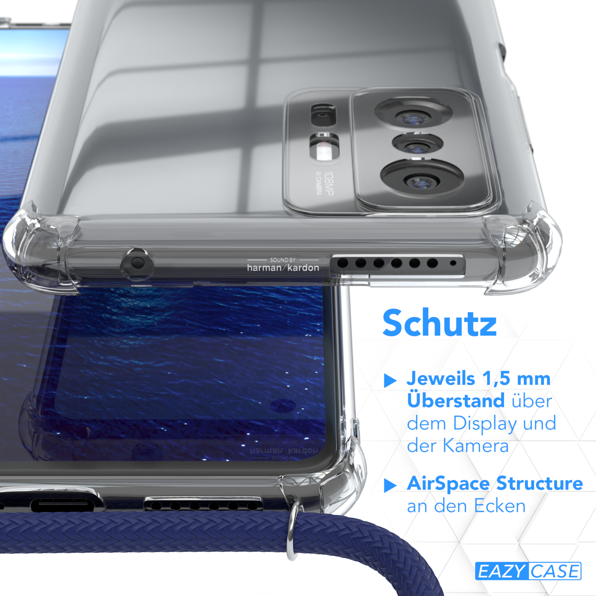 Nahaufnahme einer transparenten Handyhülle mit blau-weißem Riemen. Das Case zeigt einen Stadtlandschaftshintergrund.
