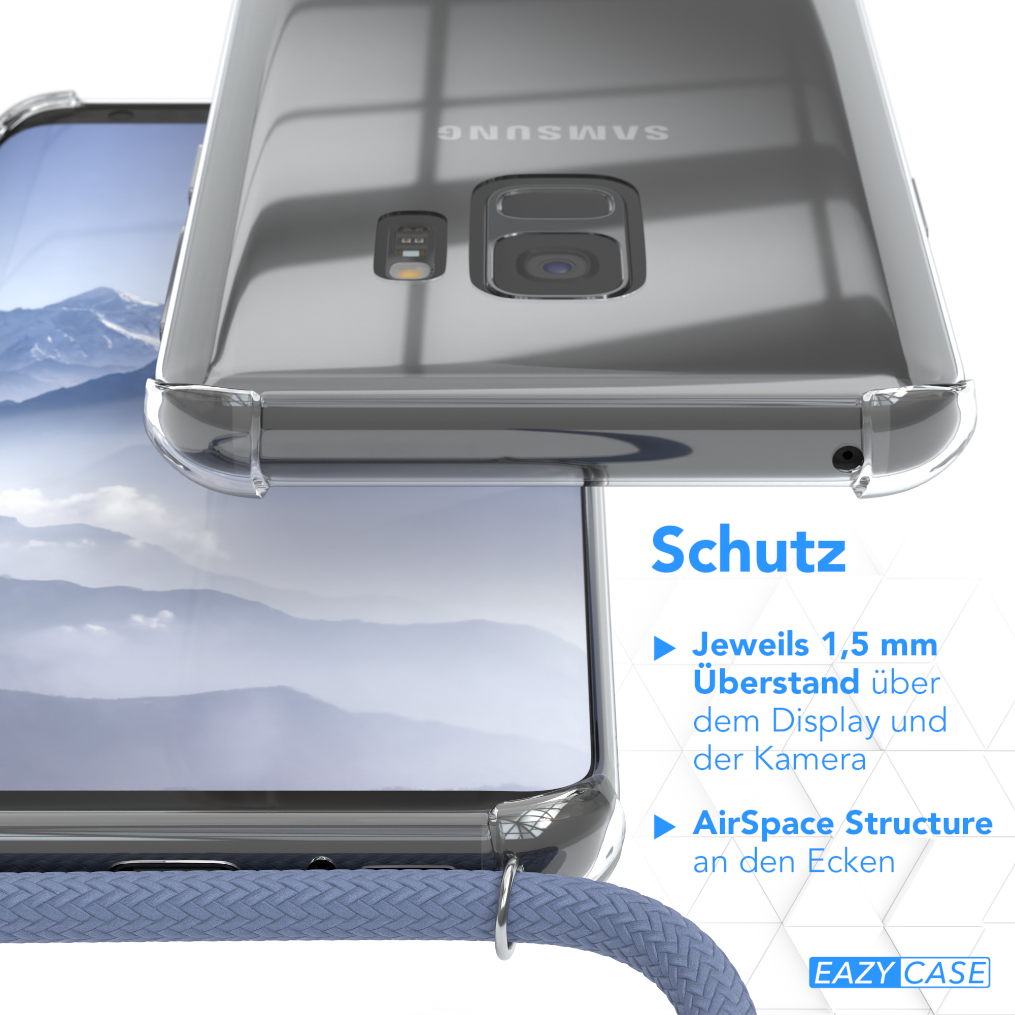 Klare Handyhülle auf dem Handy, Nahaufnahme. Text: Schutz. Details zur Hülle werden gezeigt.