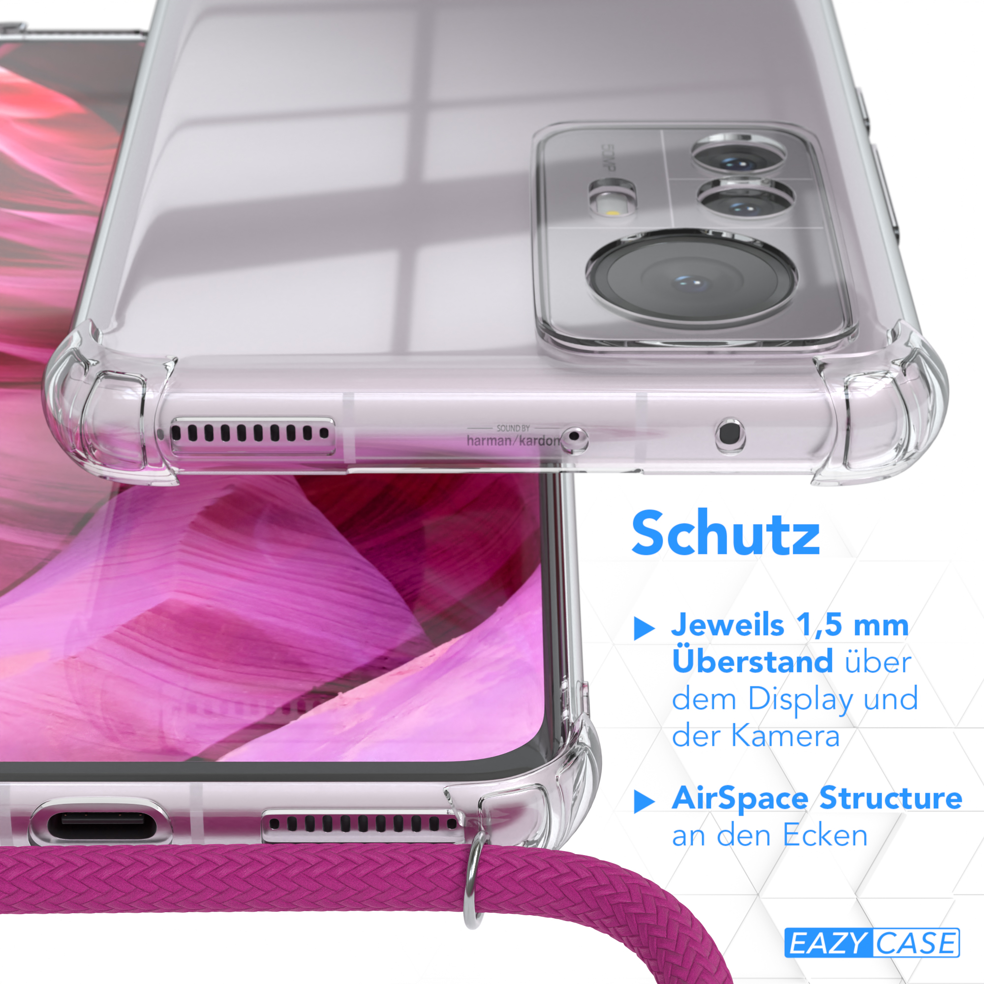 Transparente Handyhülle auf einem Telefon. Rosa Kordel befestigt. Text: Schutz. Details, AirSpace-Struktur.