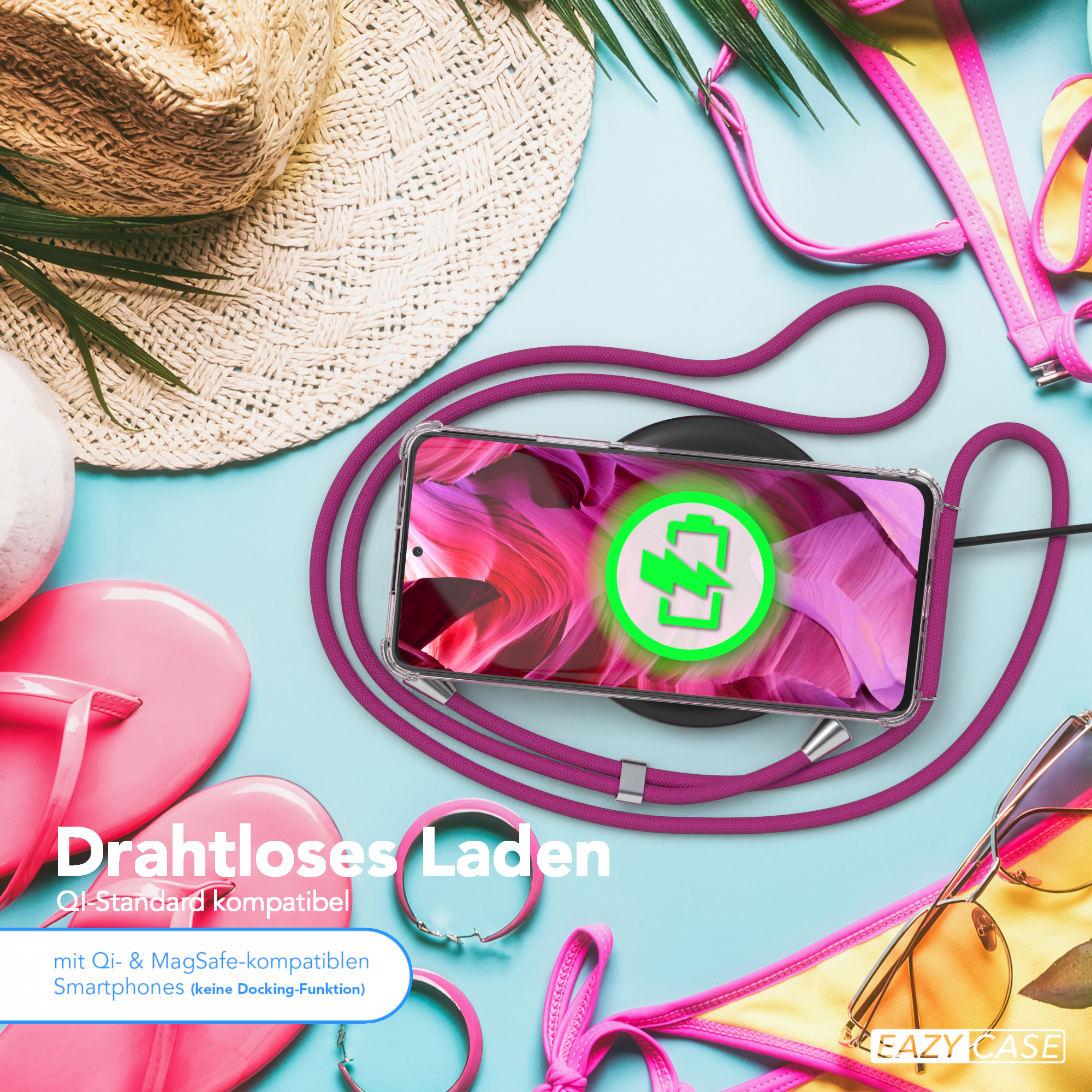 Telefon auf kabellosem Ladegerät in Hülle. Pinkes Zubehör. Ladeanimation mit grünem Blitz.