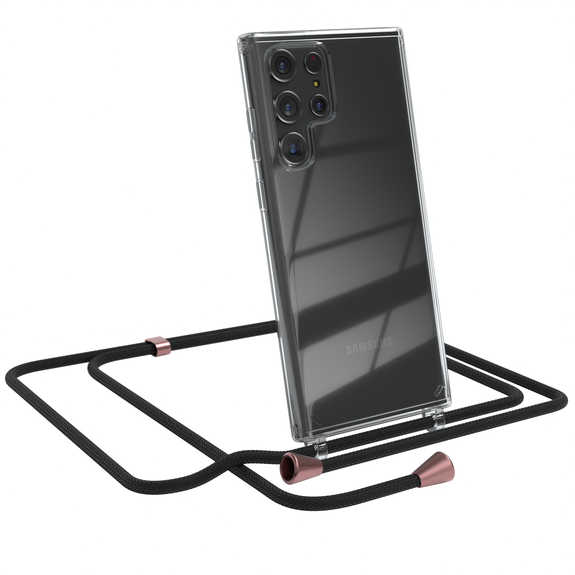 Transparente Handyhülle mit schwarzem Band. Samsung-Handy sichtbar. Weißer Hintergrund.