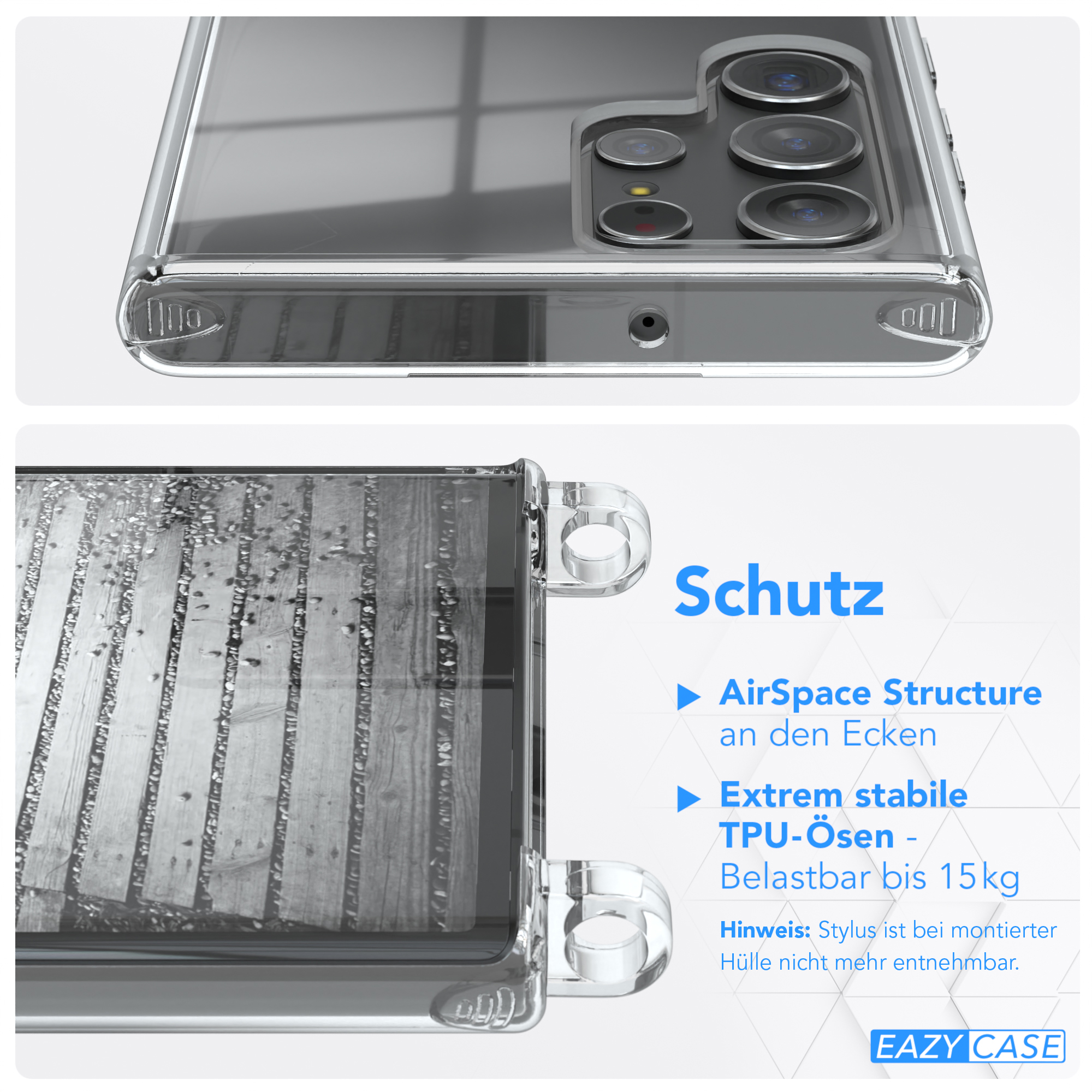 Eine transparente Handyhülle, die die Unterseite des Telefons detailliert zeigt, mit Text: Schutz, Details zur AirSpace Structure.