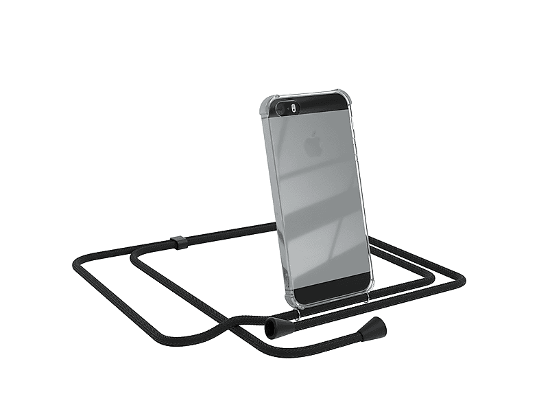 EAZY CASE Clear Cover mit Umhängeband, Umhängetasche, Apple, iPhone SE 2016, iPhone 5 / 5S, Schwarz