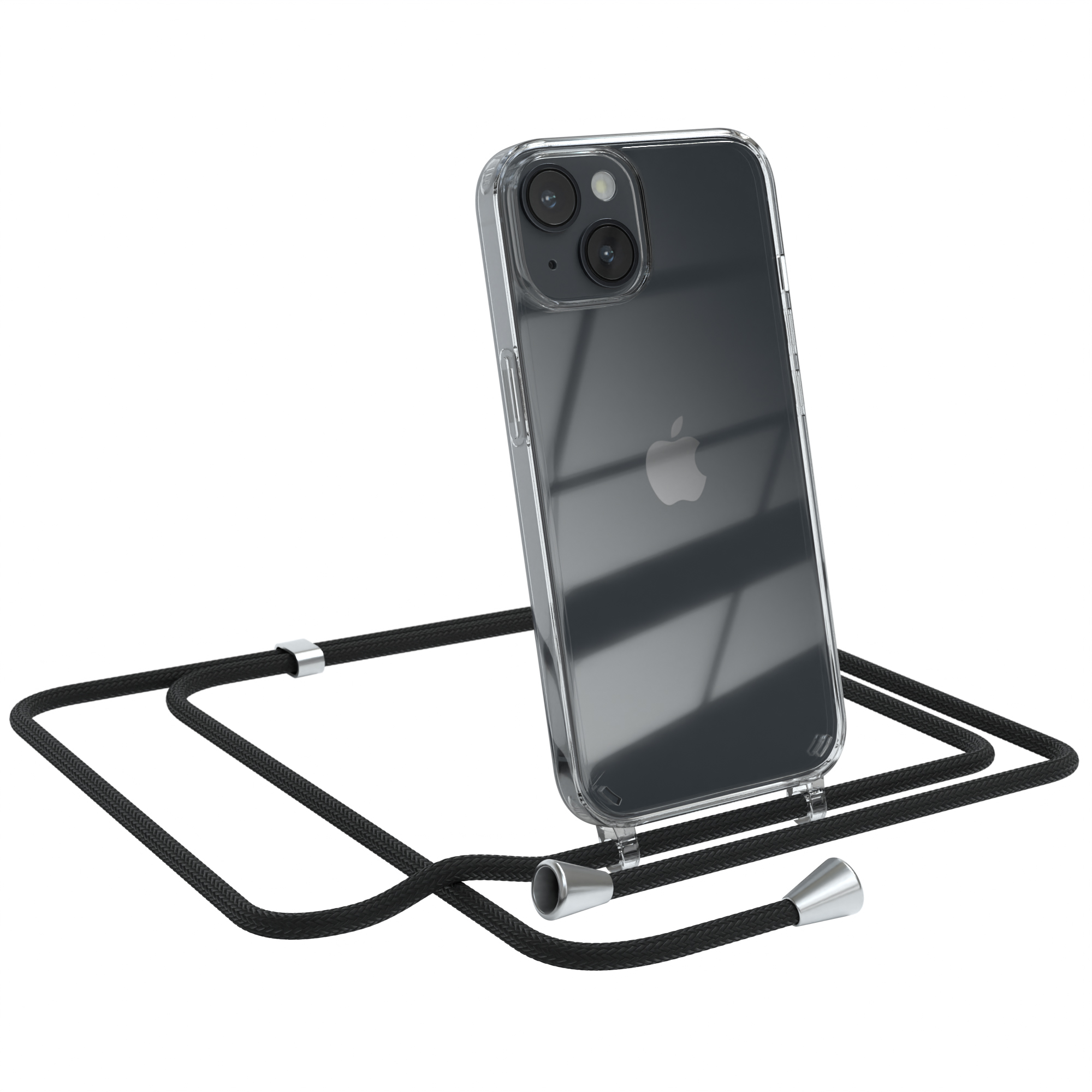 Eine transparente Handyhülle mit schwarzem Band. Das Telefon hat eine Kamera und lehnt sich vor.
