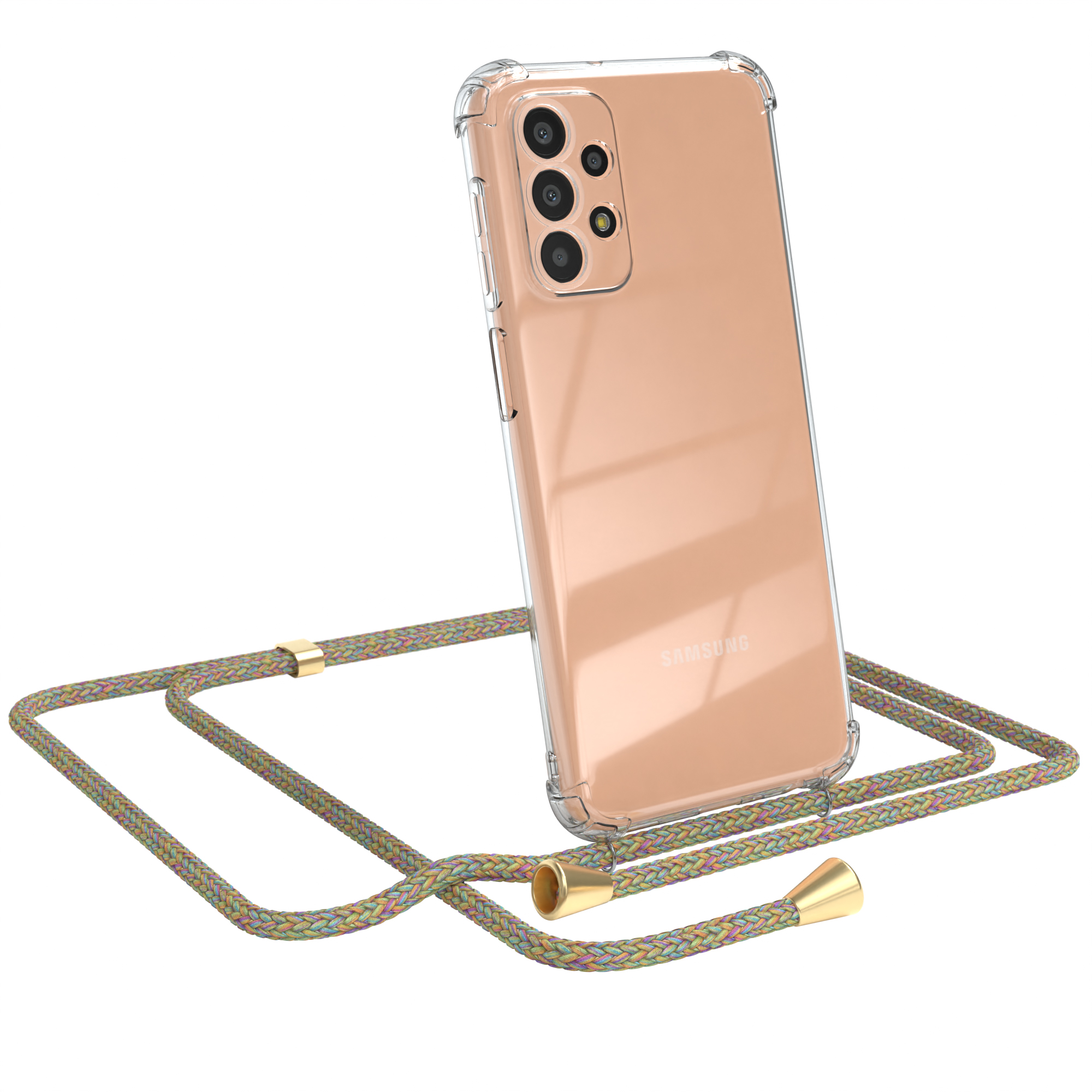 Rosa Telefon in klarer Hülle mit mehrfarbigem Schlüsselband. Mehrere Kameras.