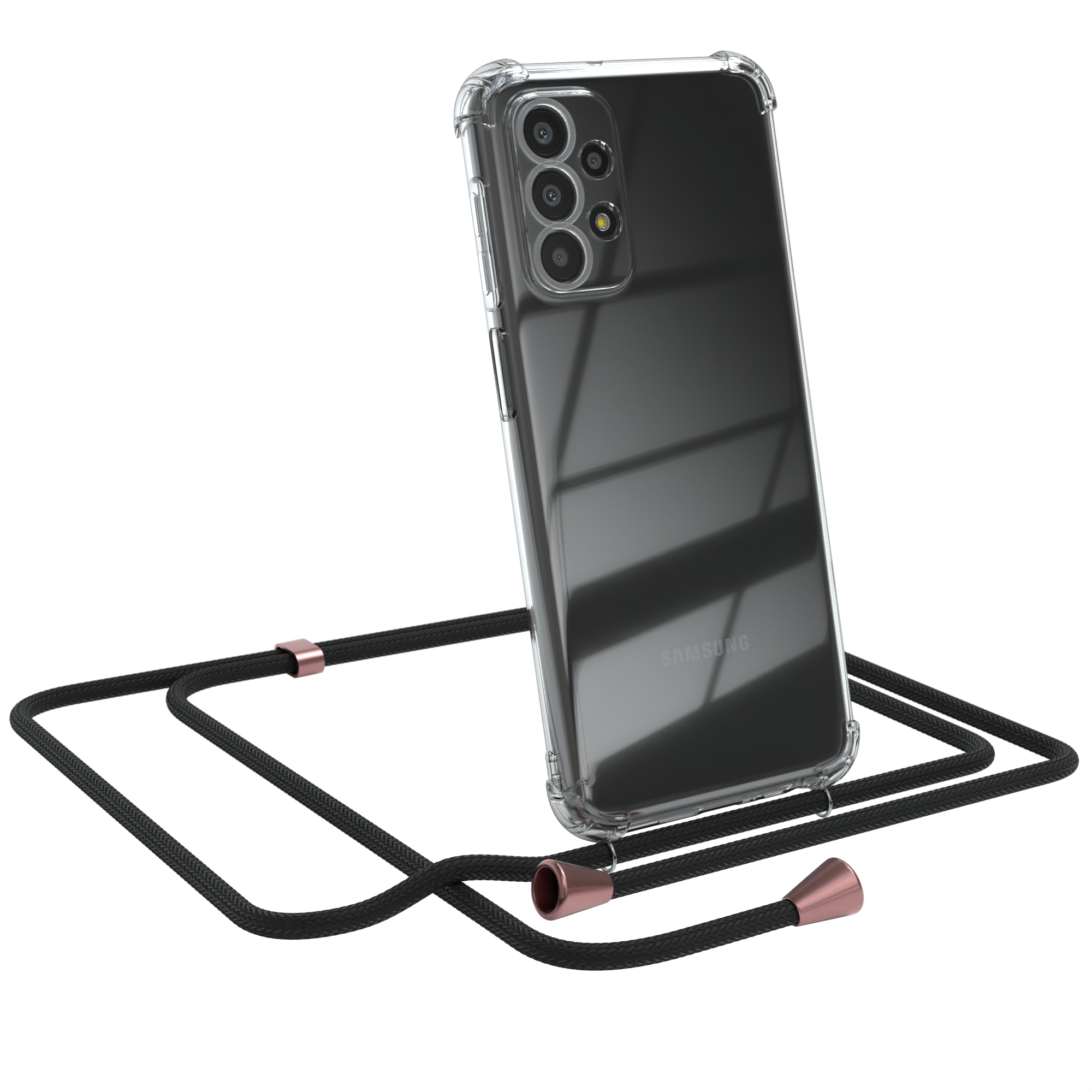 Transparente Handyhülle mit schwarzem Umhängeband. Samsung Logo sichtbar.