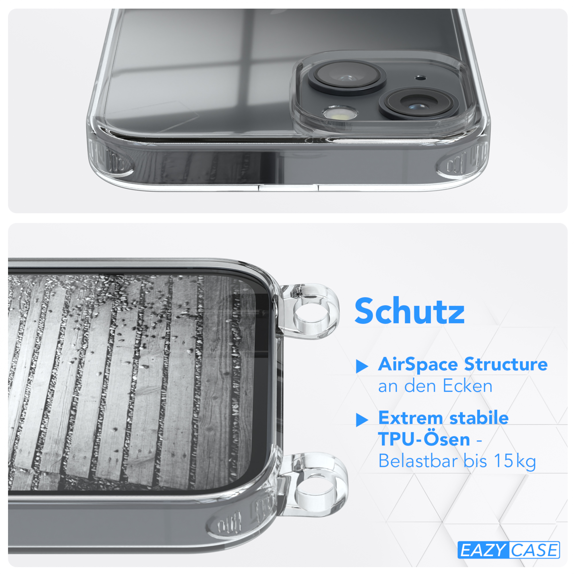Nahaufnahme einer transparenten Handyhülle mit Schutzfunktionen. Text zeigt 'AirSpace Structure'.