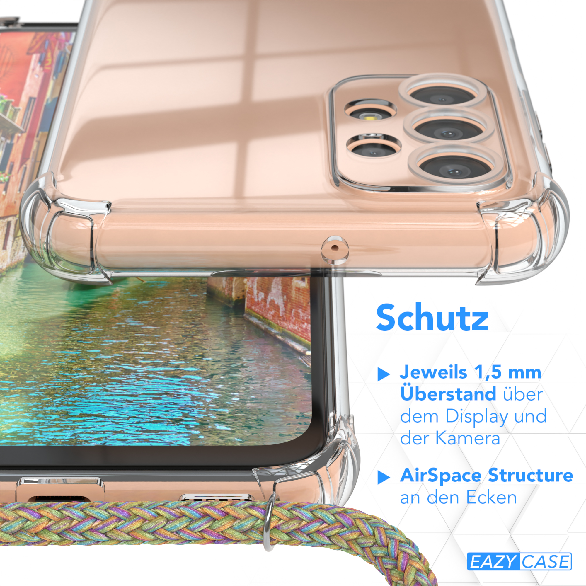 Nahaufnahme eines Telefons in einer transparenten Hülle mit farbenfrohem Band. Text auf Deutsch.