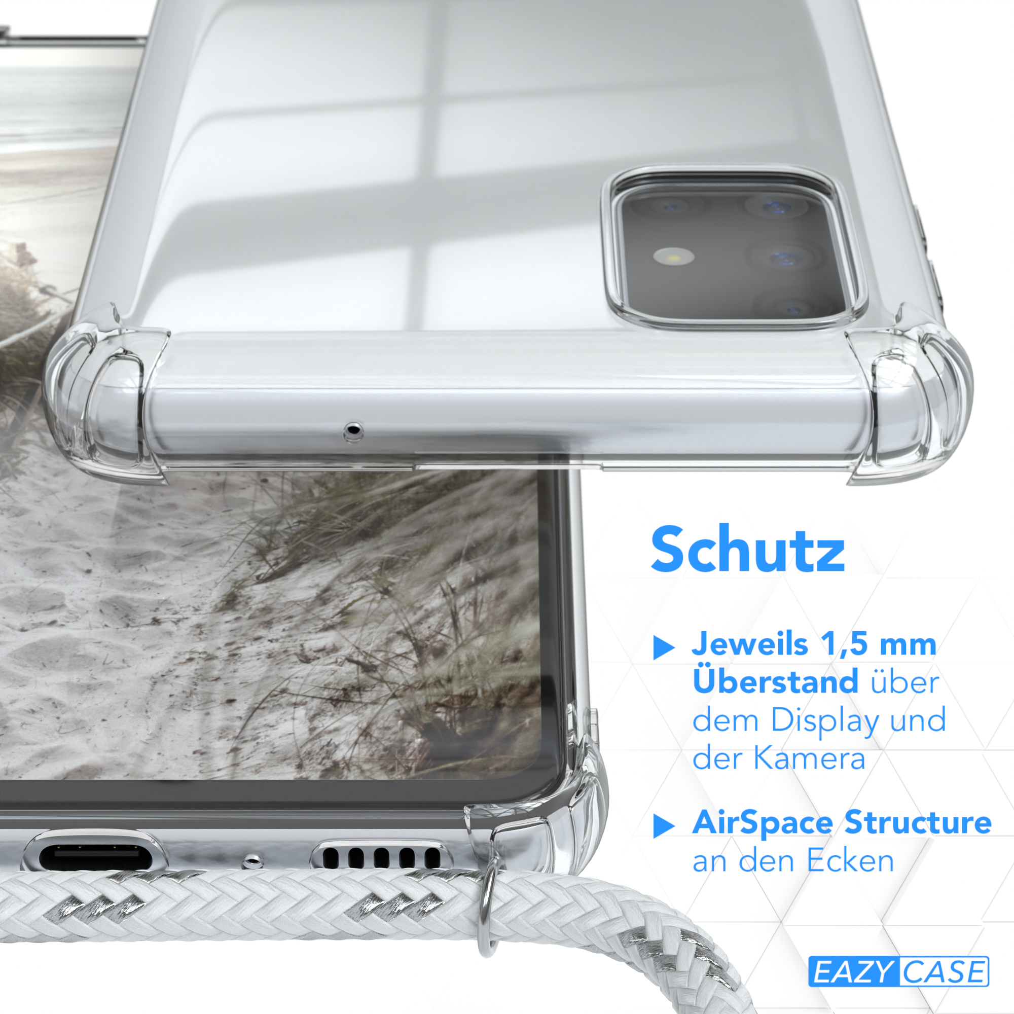 Transparente Handyhülle mit Schutzmerkmalen an den Rändern. Ein weißes und graues Seil ist sichtbar.