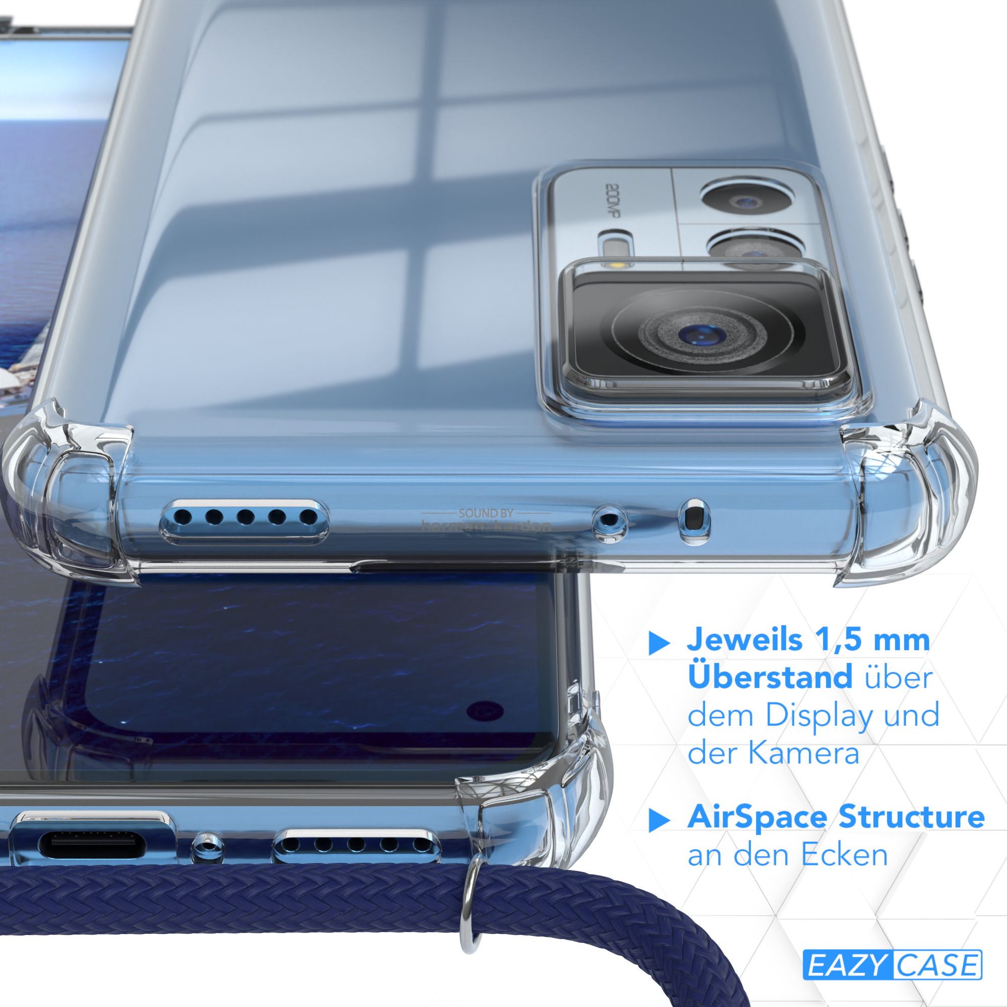 Transparente Handyhülle mit dunkelblauem Kabel. Text: Jeweils 1,5 mm Überstand über Display und Kamera.