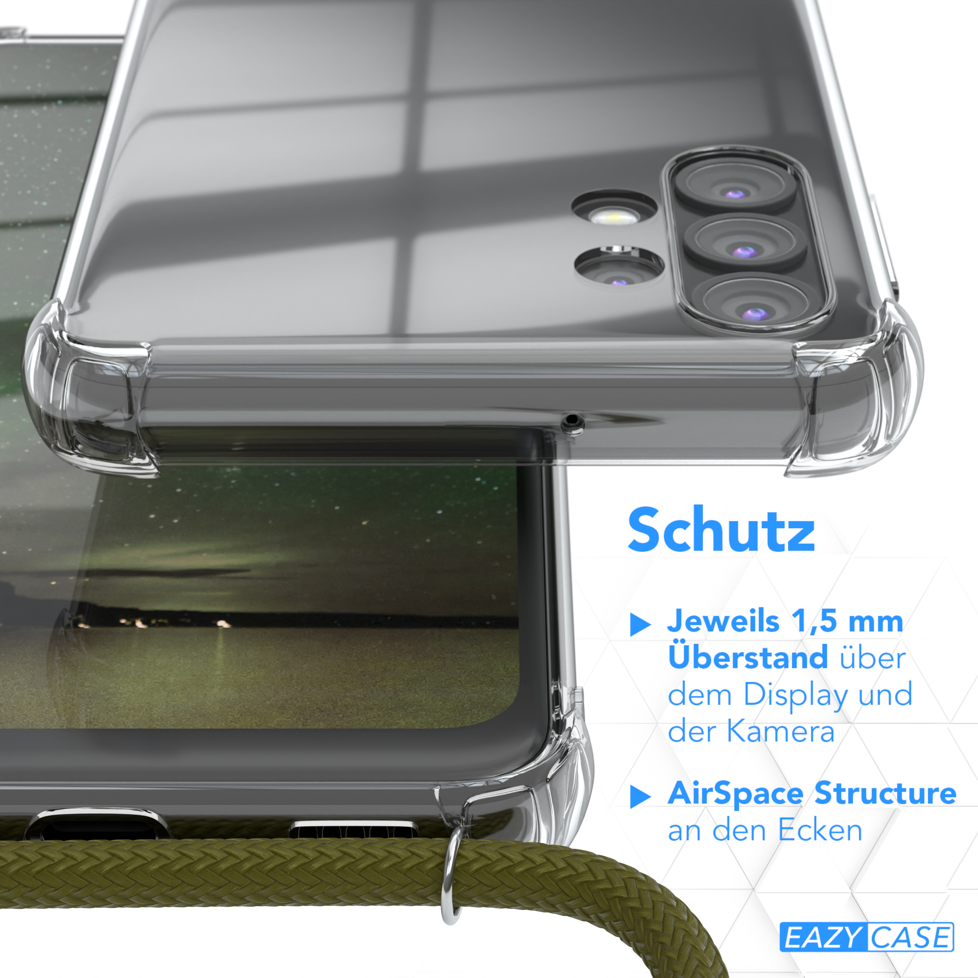 Detail einer transparenten Handyhülle. Text: Schutz. Merkmale: 1,5 mm Schutz für Display und Kamera, AirSpace.