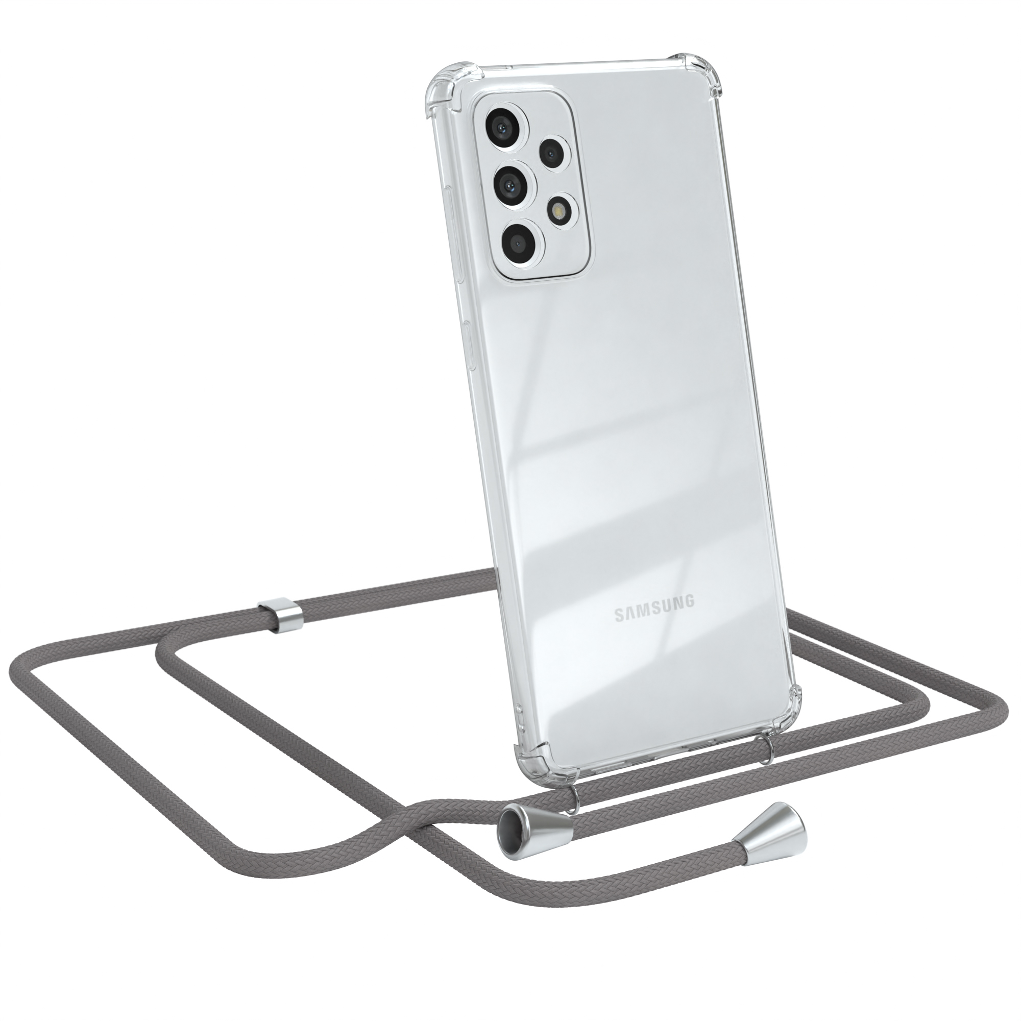 Samsung-Telefon in transparentem Gehäuse mit grauem Umhängeband. Weißer Hintergrund.