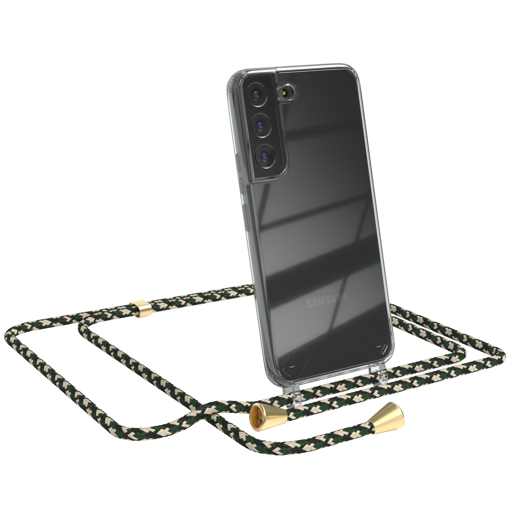 Transparente Handyhülle mit grün-weißem Umhängeband. Samsung-Logo sichtbar. Weißer Hintergrund.
