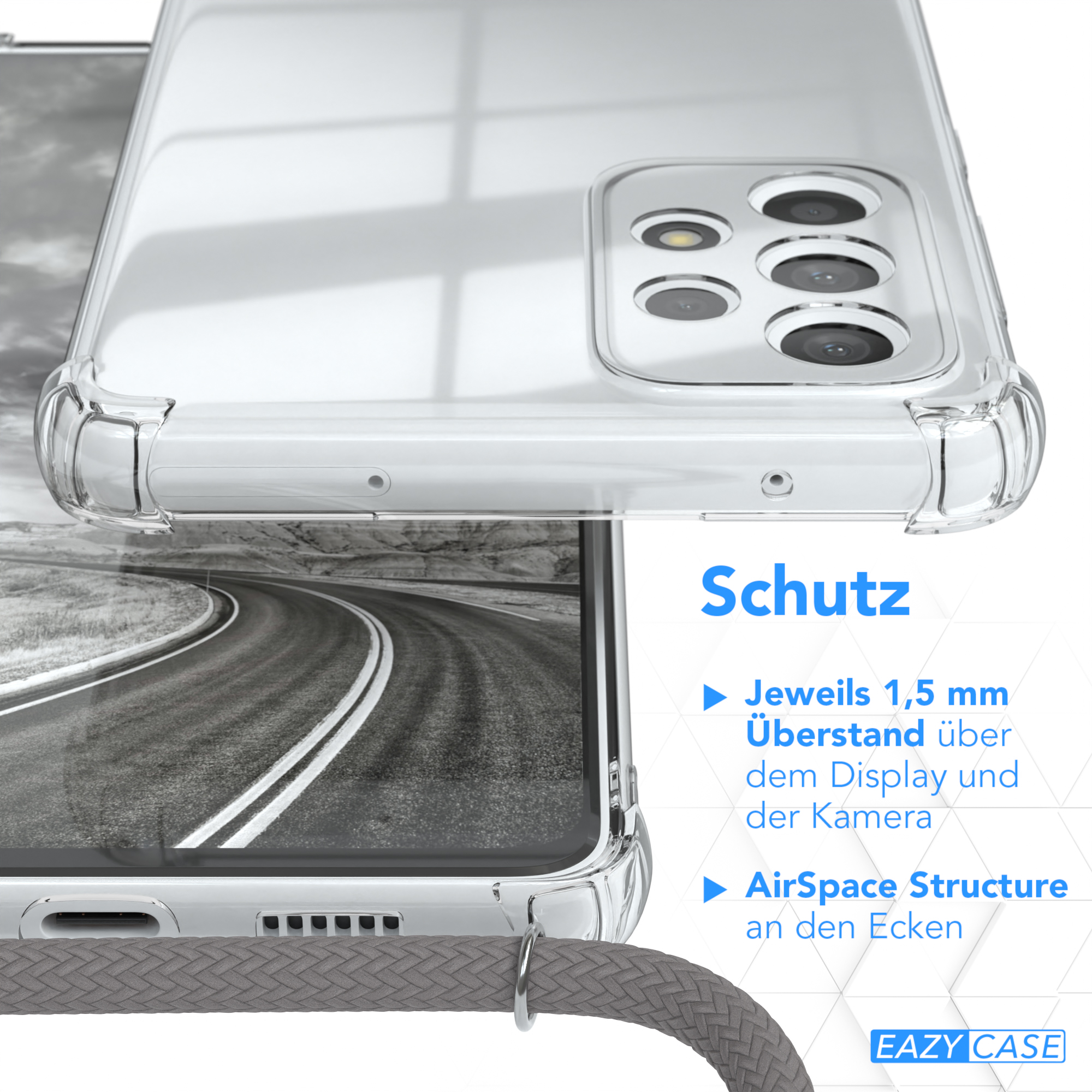 Transparente Handyhülle über einer Straße, mit detailliertem Rand und Text Schutz.