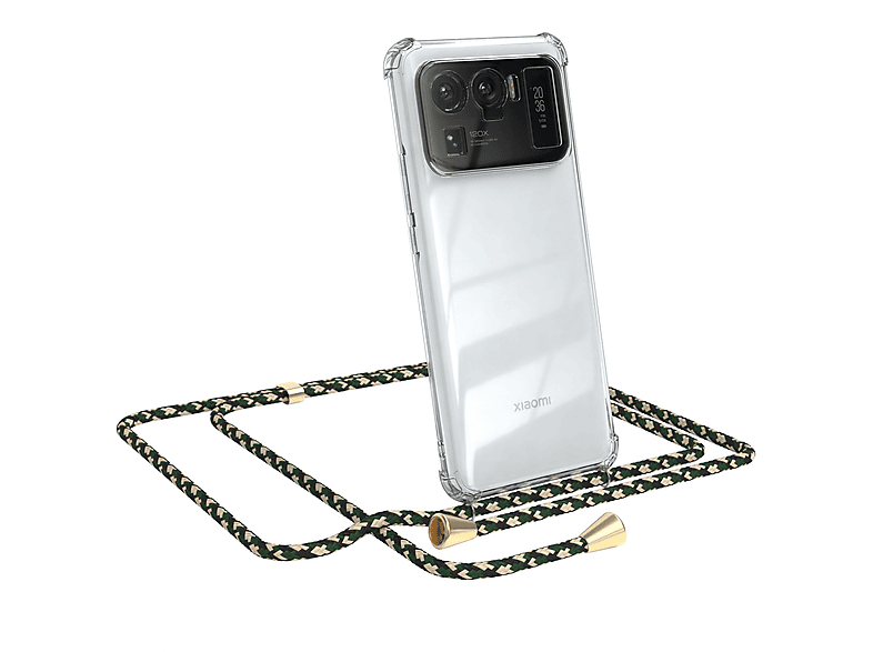 EAZY CASE Clear Cover mit Umhängeband, Umhängetasche, Xiaomi, Mi 11 Ultra, Grün Camouflage / Clips Gold