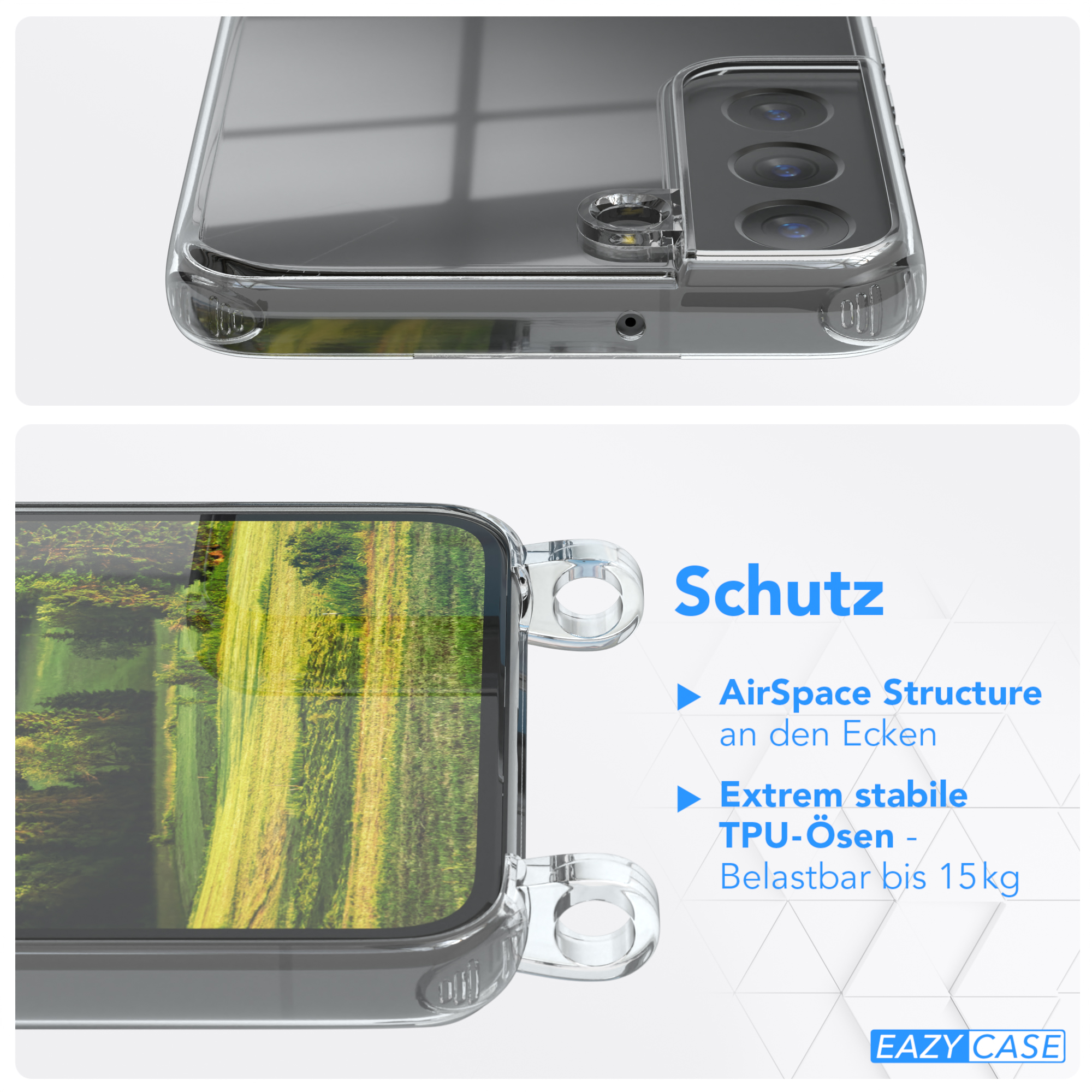 Nahaufnahme einer Handyhülle, die ihre Schutzfunktionen und Design-Details hervorhebt.
