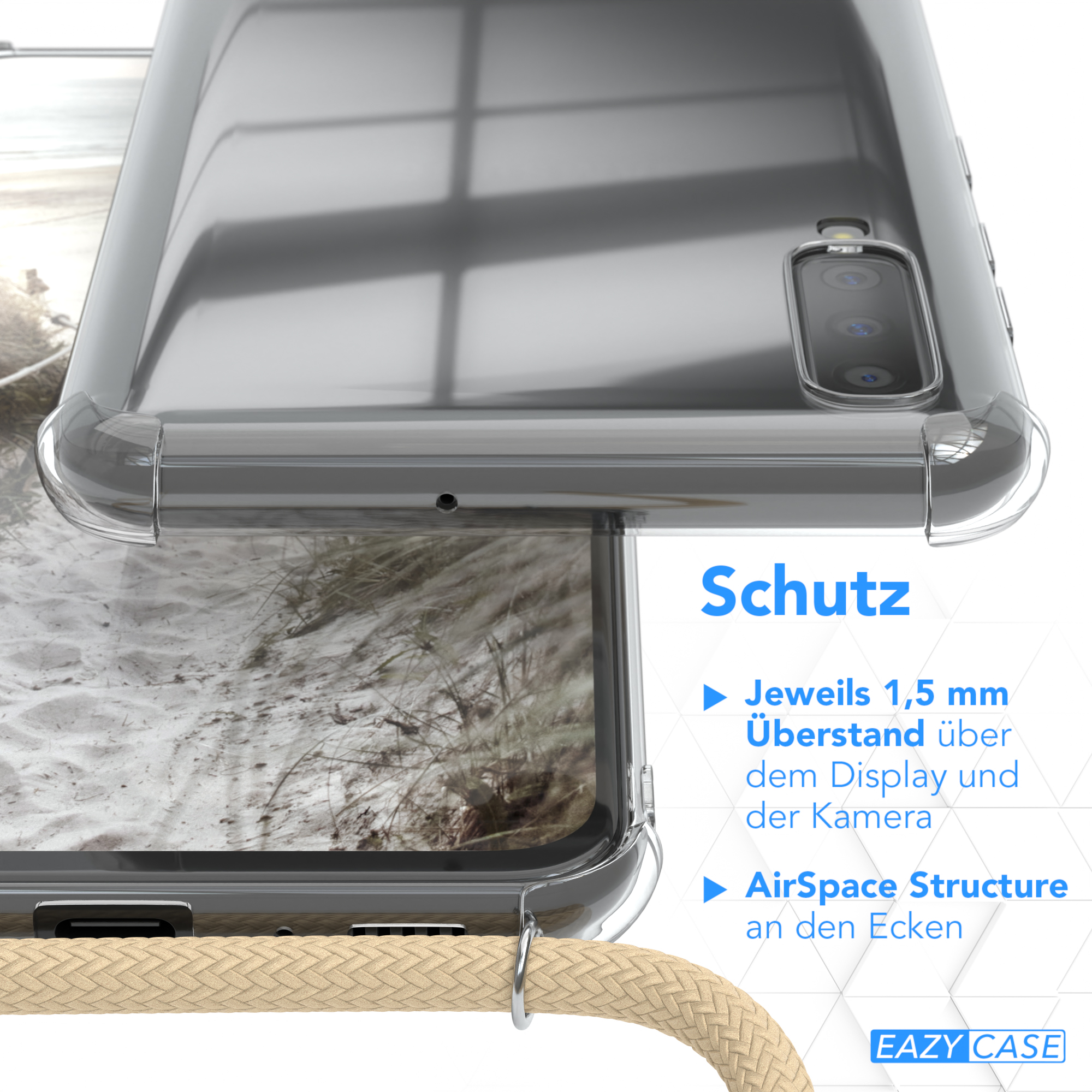 EAZY Clear CASE A70, Beige mit Taupe Cover Umhängetasche, Umhängeband, Galaxy Samsung,