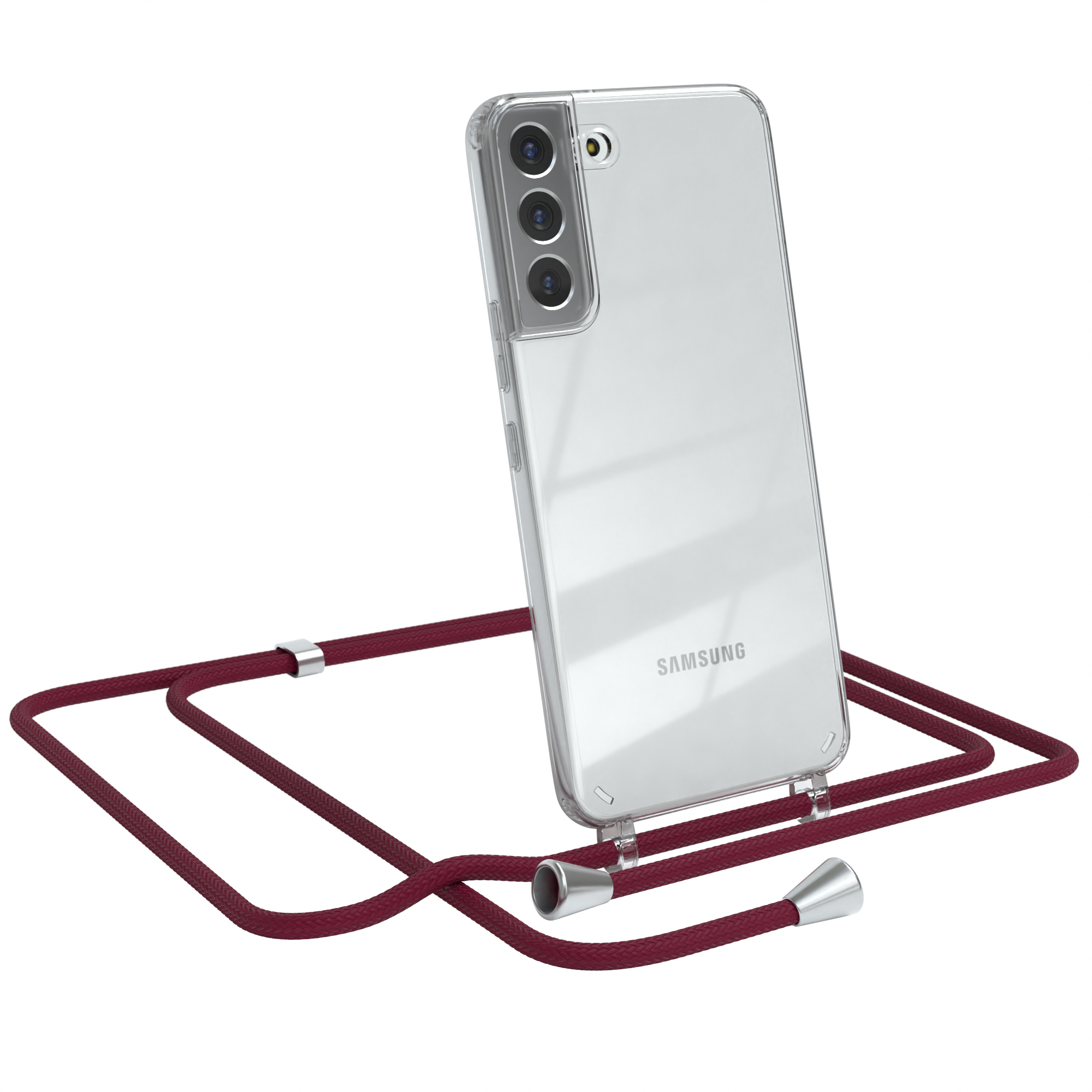 Transparente Handyhülle mit weinrotem Riemen, Samsung-Telefon. Weißer Hintergrund.