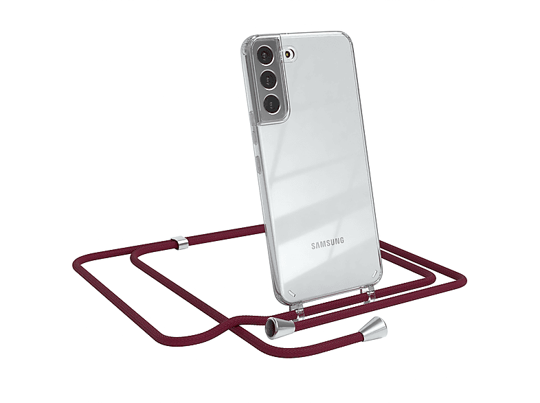 EAZY CASE Clear Cover mit Umhängeband, Umhängetasche, Samsung, Galaxy S22 Plus 5G, Bordeaux Rot / Clips Silber | Handyketten