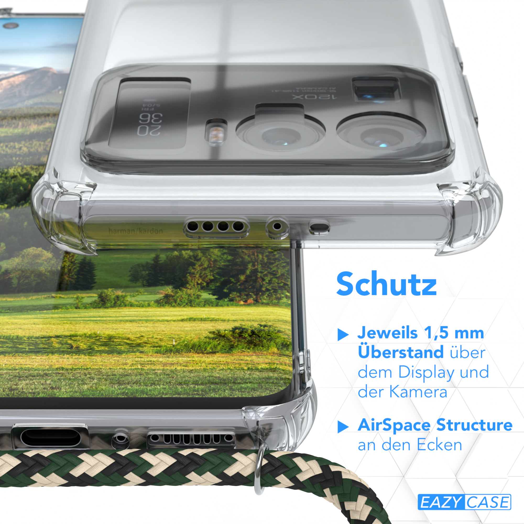 Nahaufnahme eines Telefons in einer Hülle. Das Telefon ist über einem grün-weißen Riemen und Hintergrund.