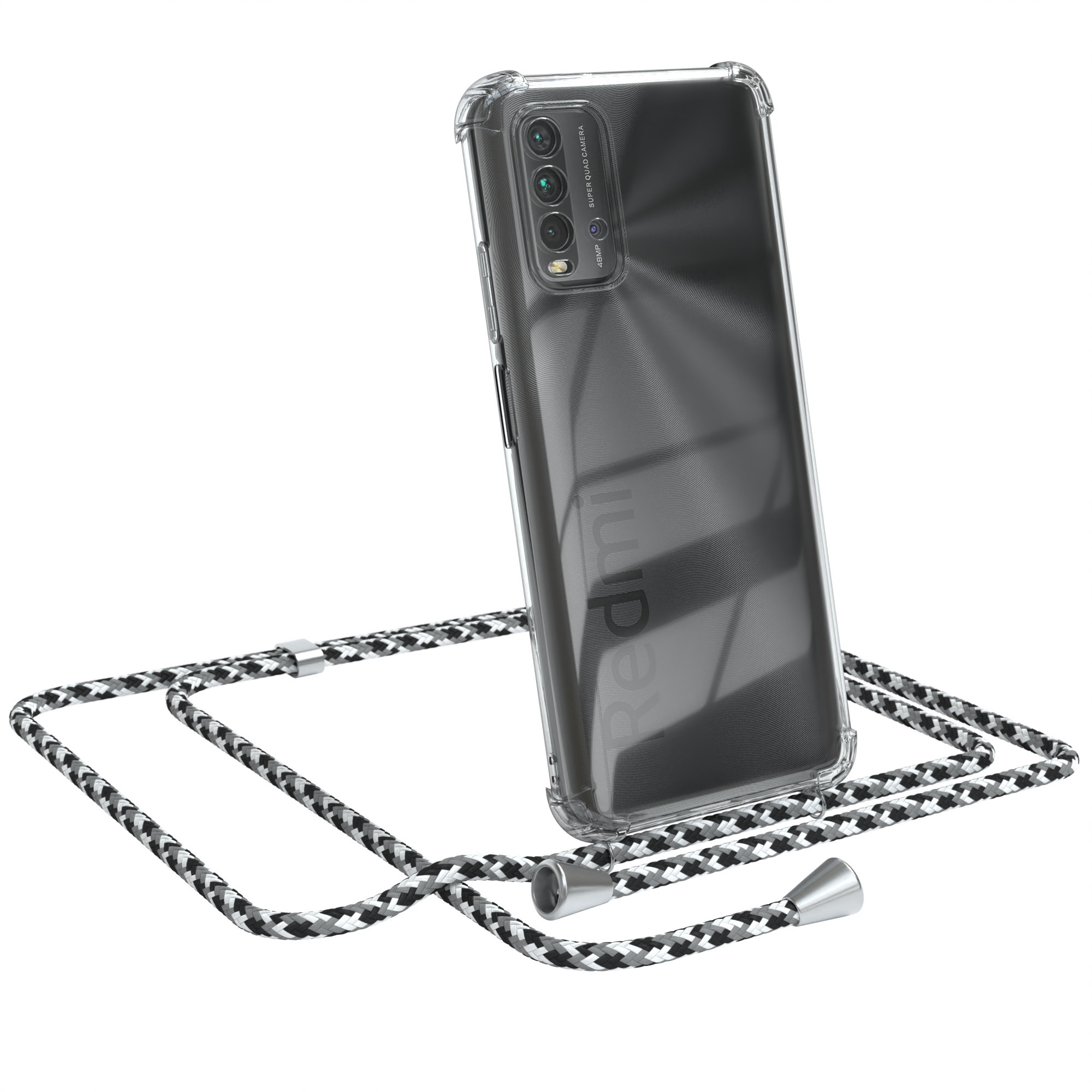 Telefon mit klarer Hülle und schwarz-weißem Kabel.