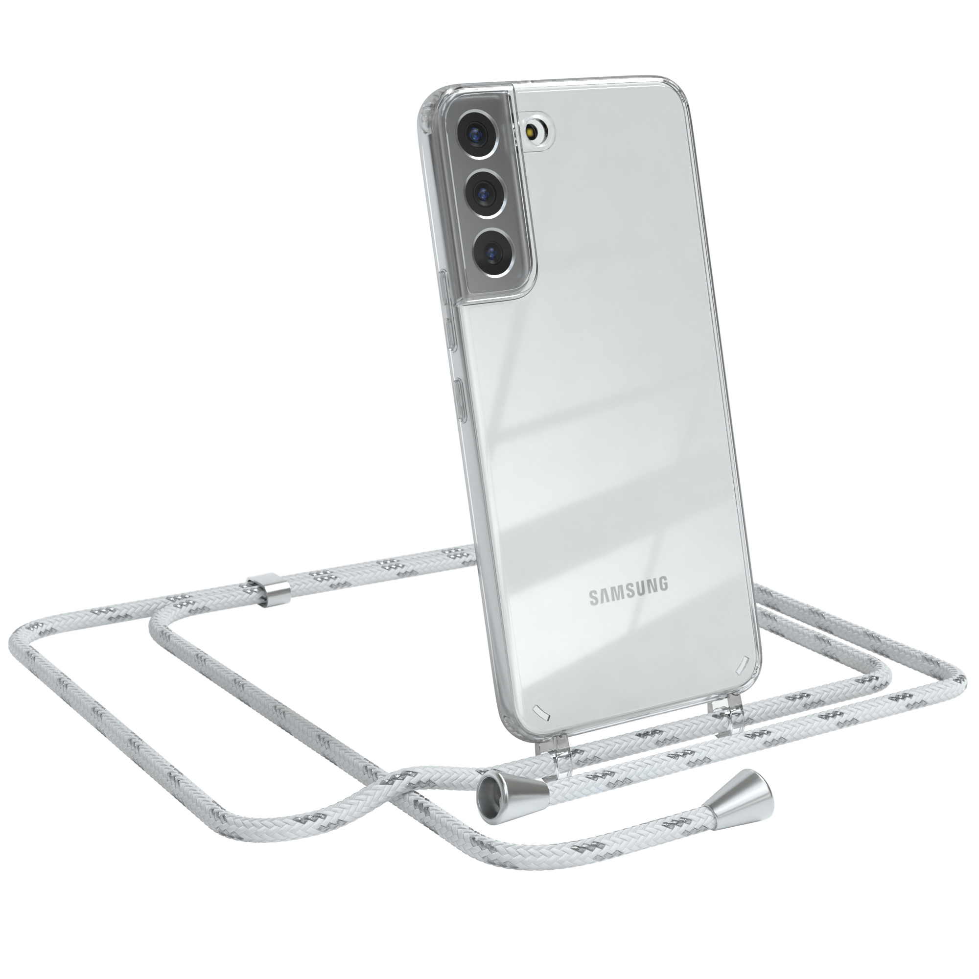 Samsung, Clips Plus Umhängetasche, EAZY Weiß mit CASE Silber Galaxy Umhängeband, 5G, Clear / S22 Cover