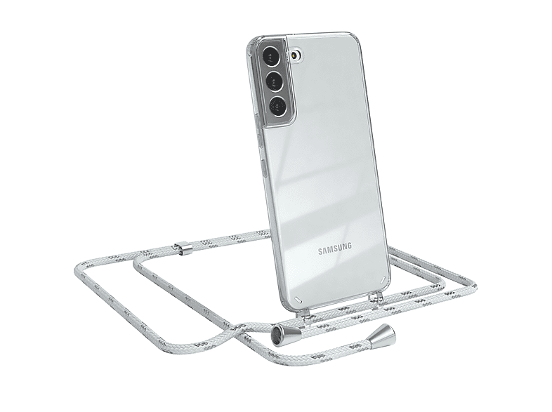 EAZY CASE Clear Cover mit Umhängeband, Umhängetasche, Samsung, Galaxy S22 Plus 5G, Weiß / Clips Silber