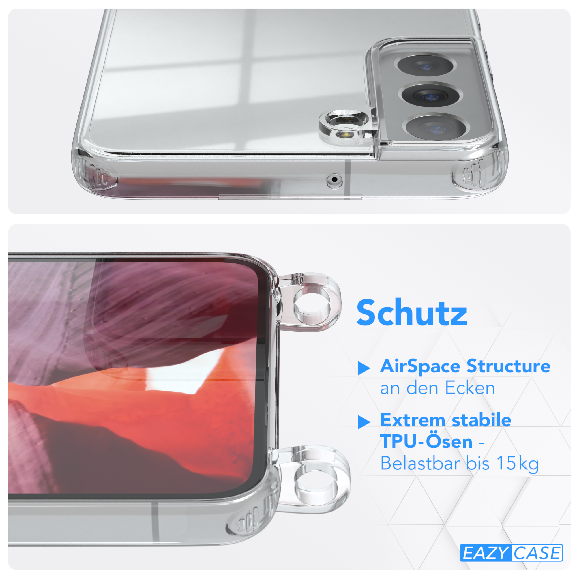 Transparente Handyhülle mit sichtbarem Telefon. Text: 'Schutz' und beschreibt Merkmale.