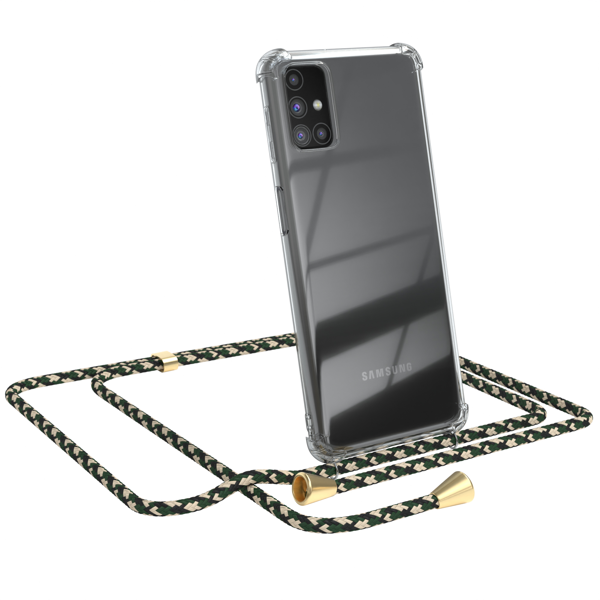 Schwarzes Telefon in klarer Hülle mit grün-weißem Umhängeband. Weißer Hintergrund.