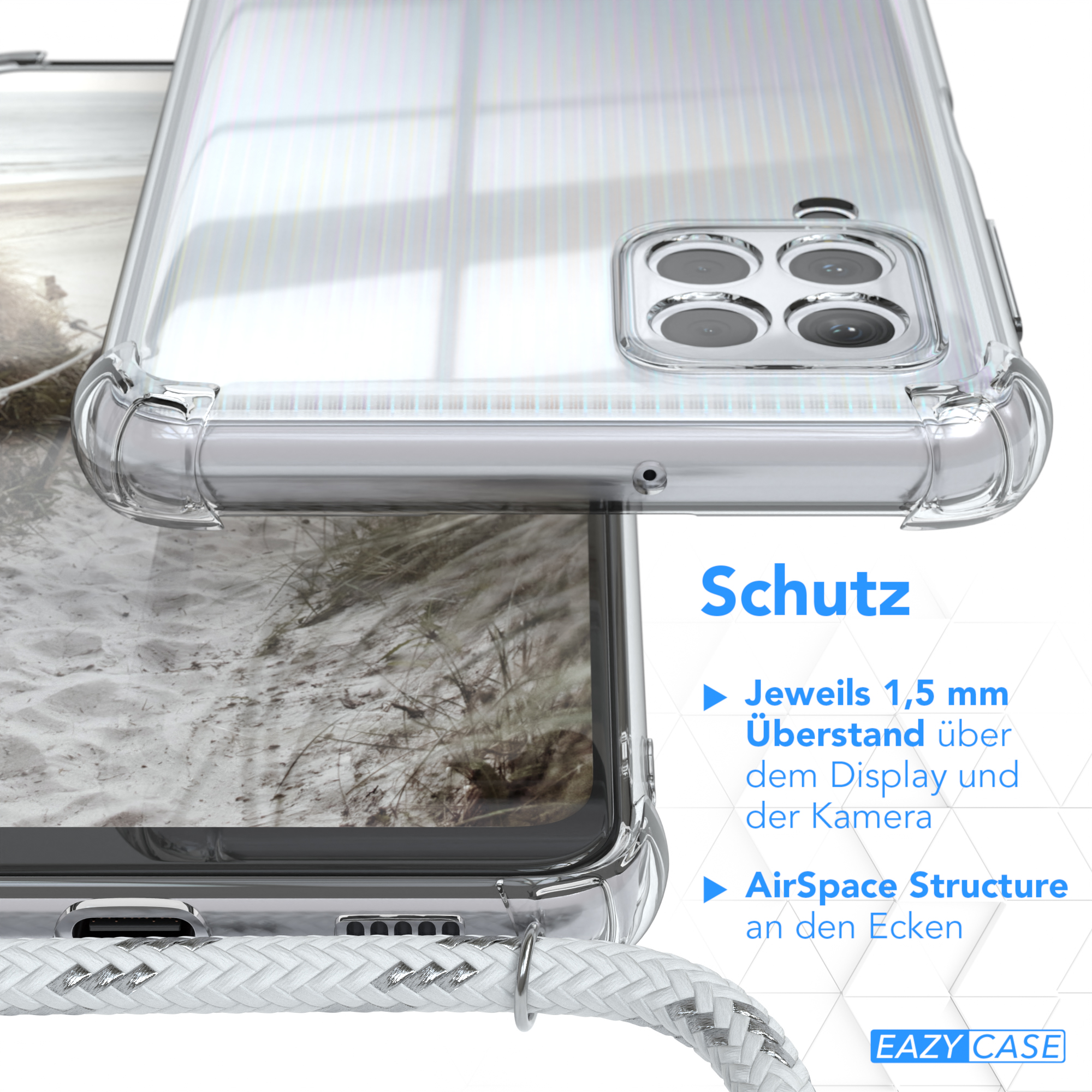 Nahaufnahme einer transparenten Handyhülle mit Details zu ihren Merkmalen auf Deutsch.