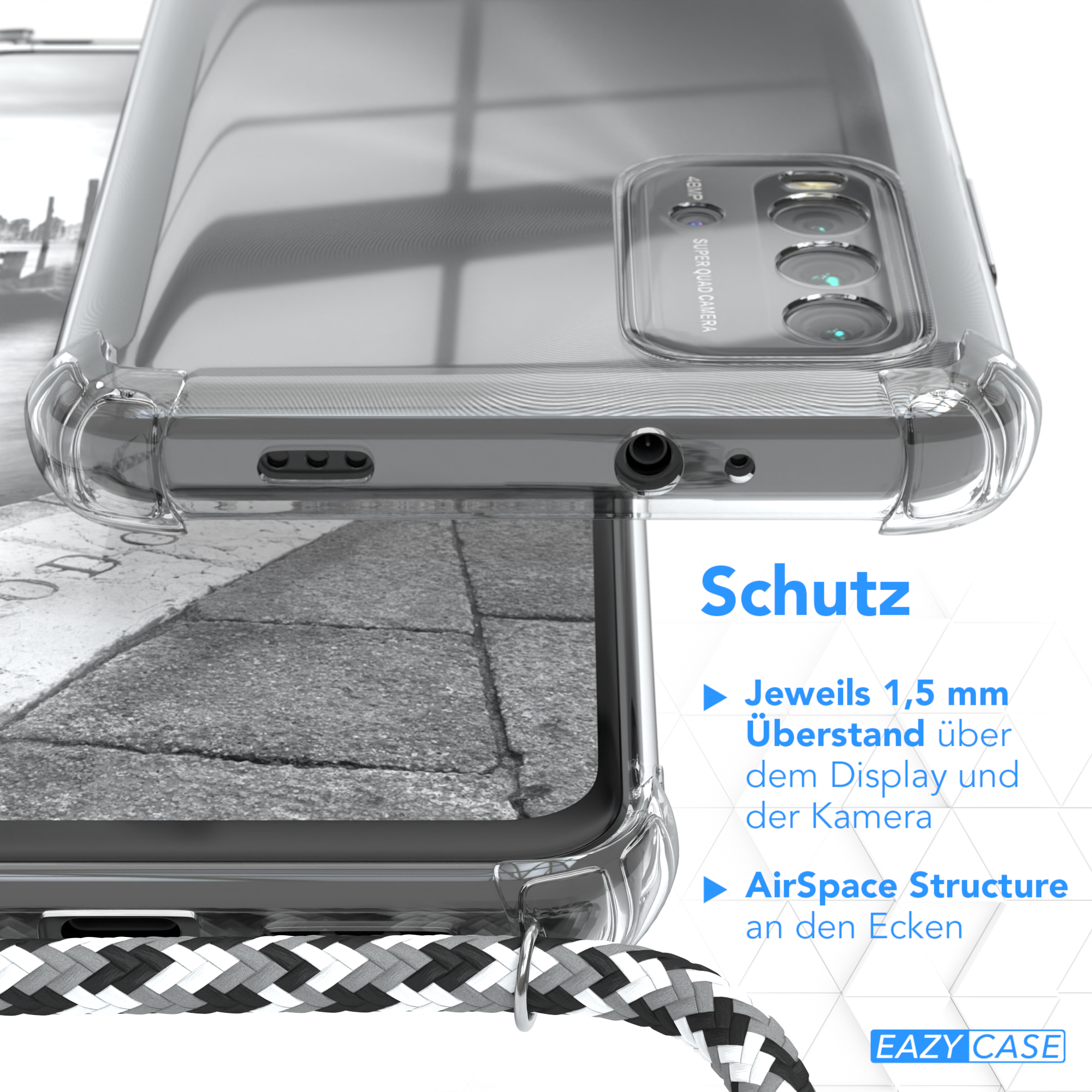 Nahaufnahme einer Handyhülle mit Schutzmerkmalen. Text: AirSpace Structure und 1,5 mm Abdeckung.