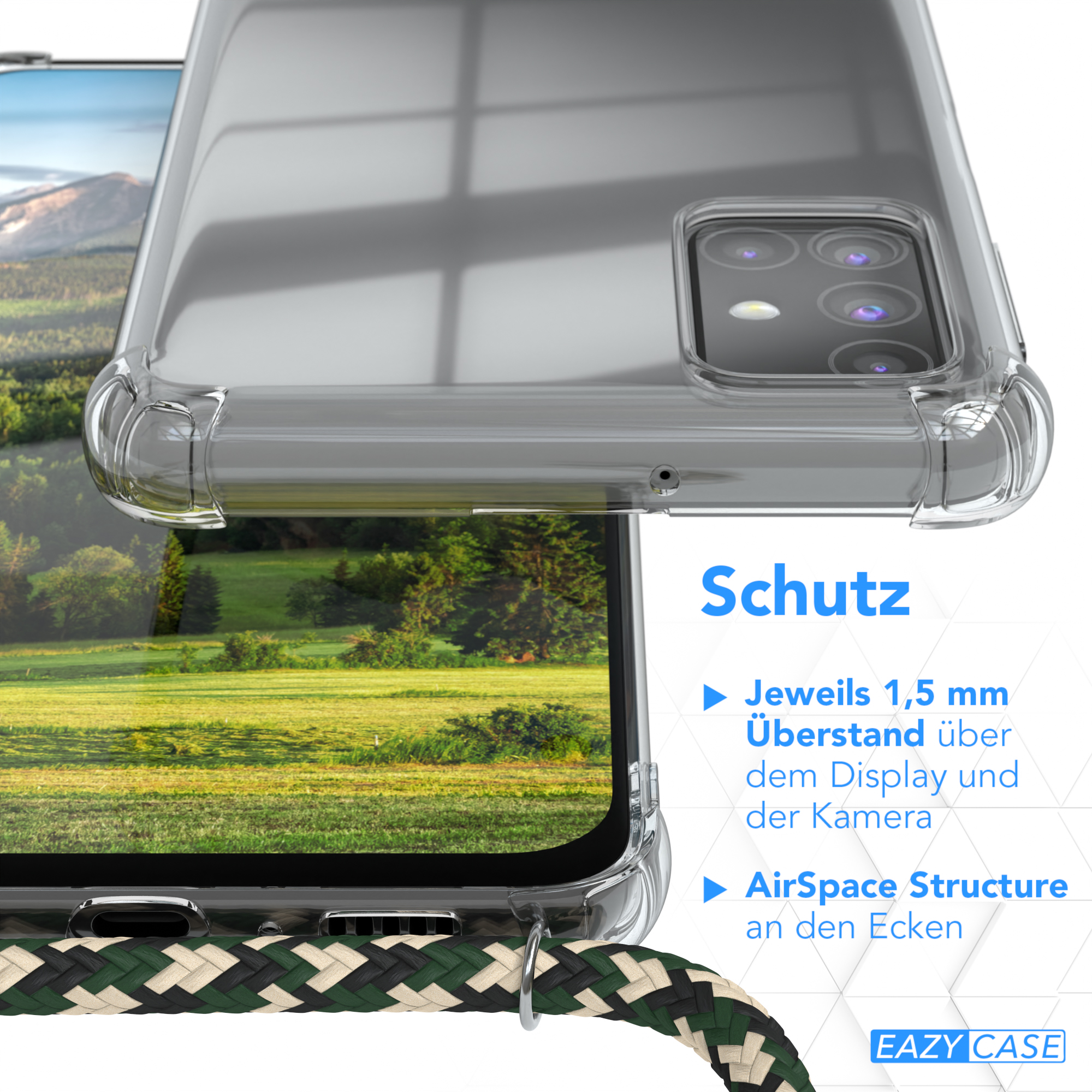 Nahaufnahme einer Handyhülle mit grün-weißem Band, die die Schutzfunktionen zeigt.