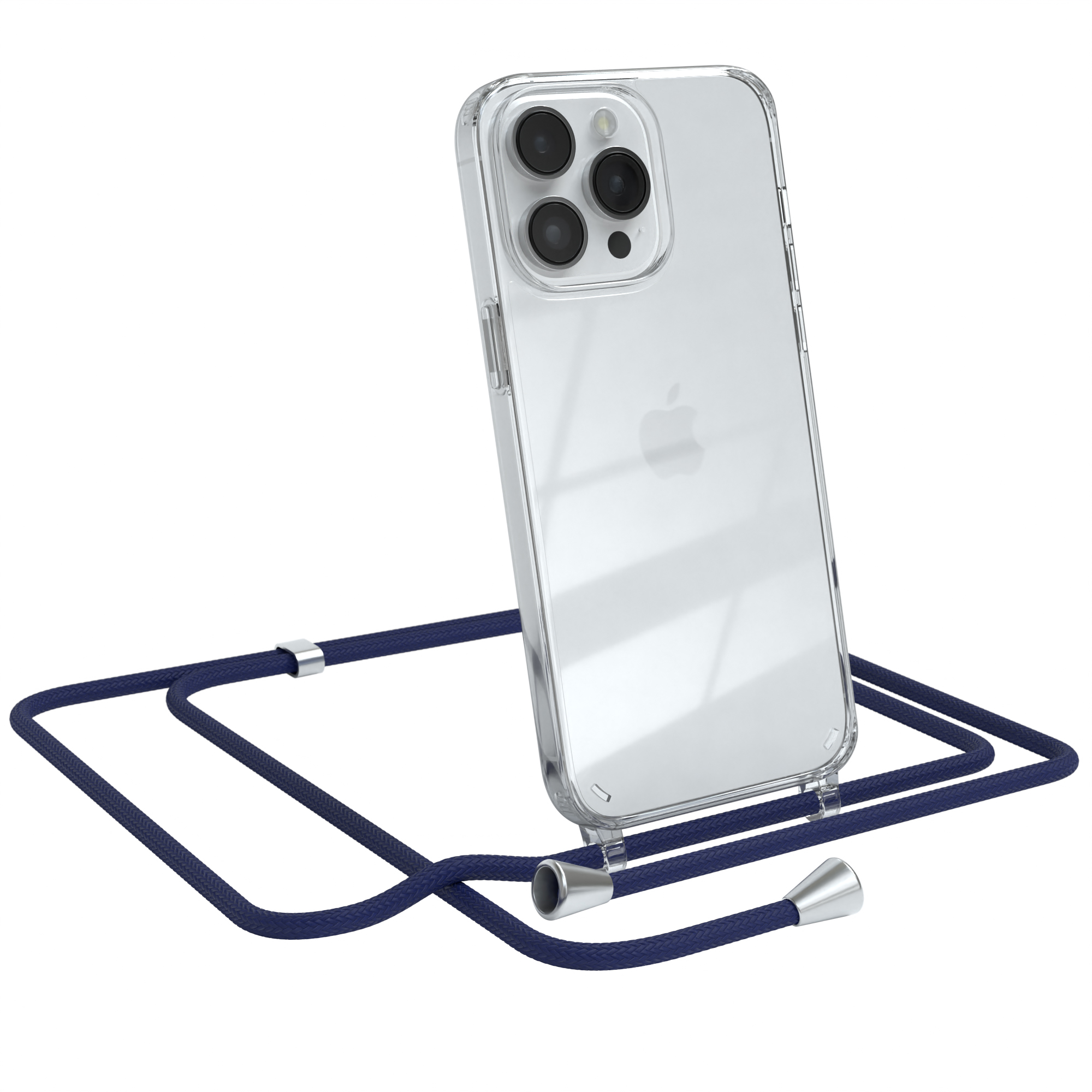 Transparente Handyhülle mit Telefon und dunkelblauem Umhängeband.