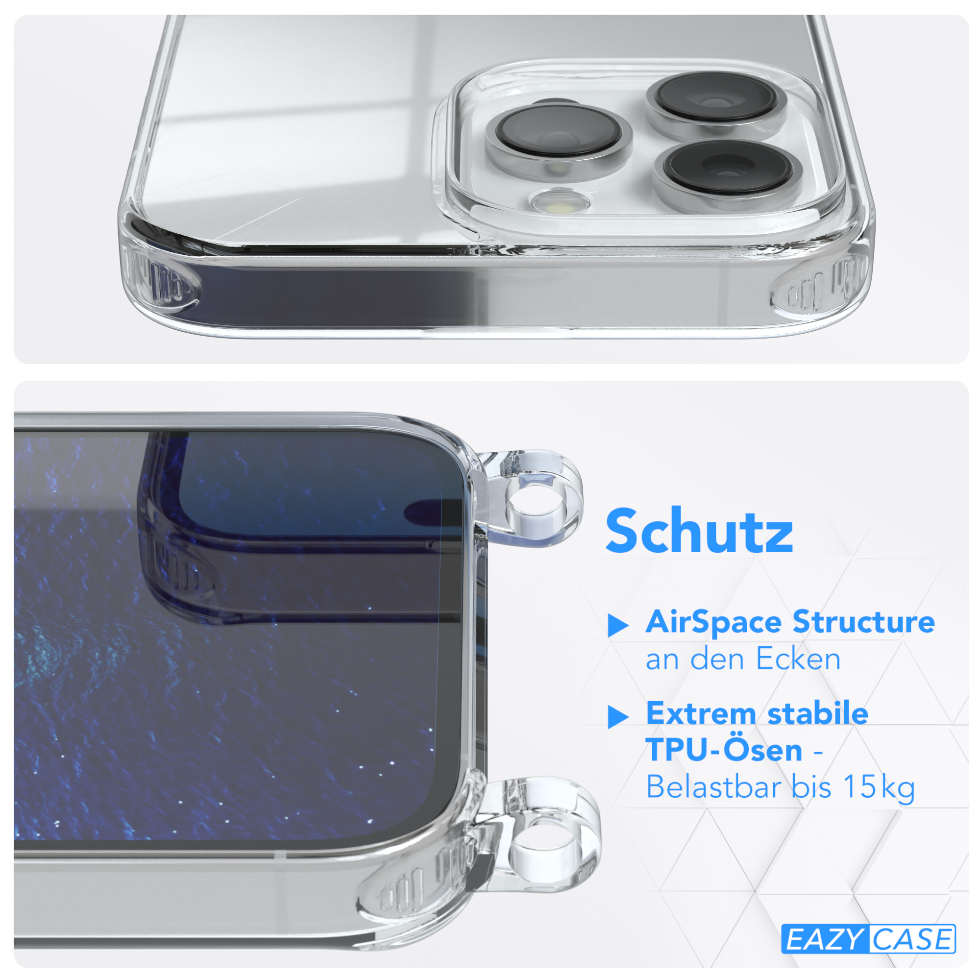 Transparente Handyhülle mit Text: Schutz, AirSpace Structure an den Ecken und TPU-Ösen, belastbar bis 15 kg.